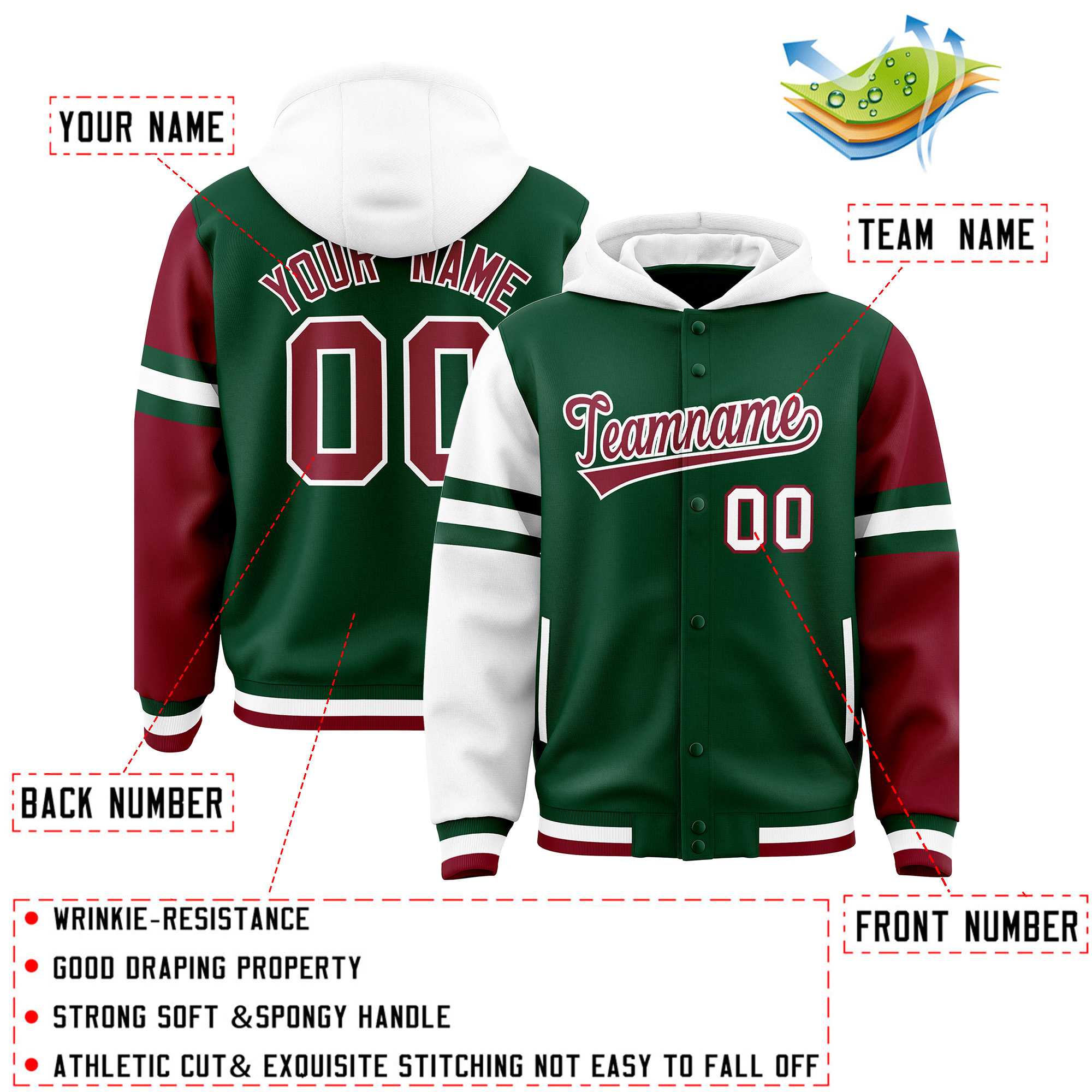 Custom Green White-Crimson Raglan Sleeves Varsity Full-Snap Letterman Three Stripes Jacket Hoodie| KXKSHOP