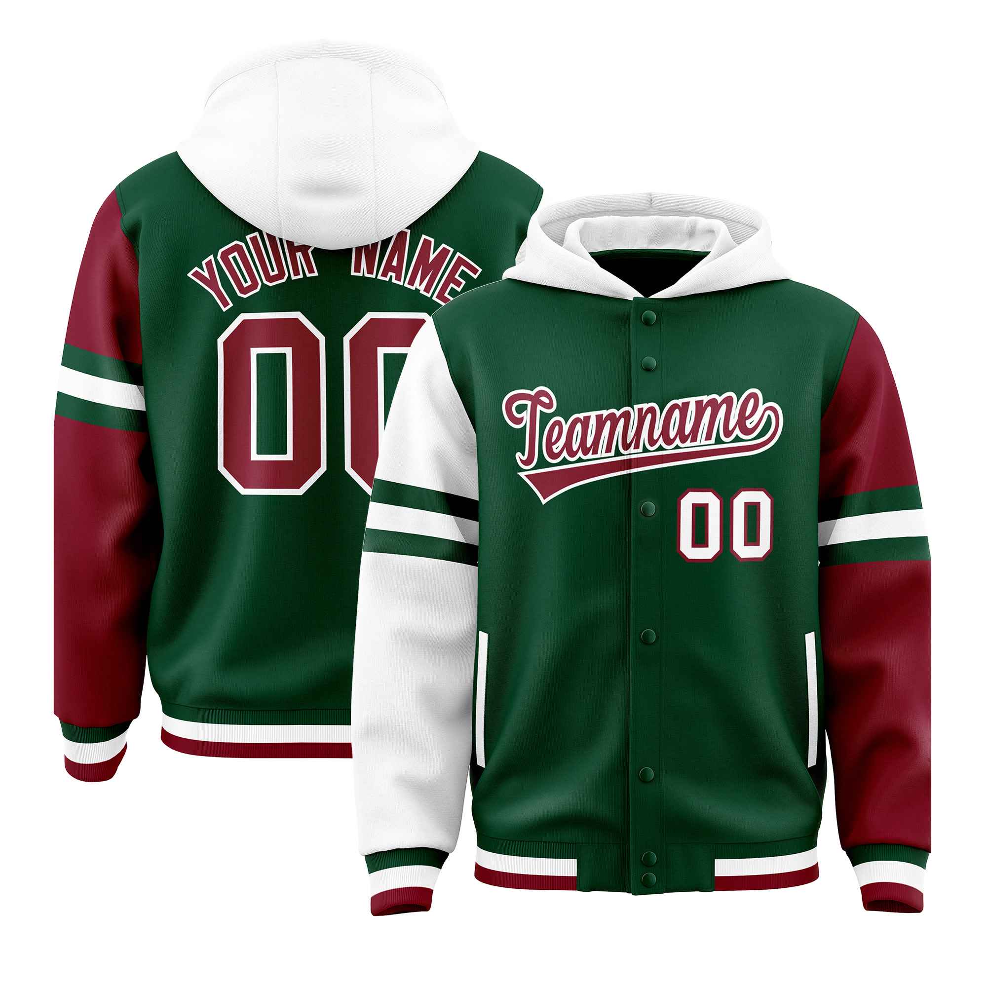 Custom Green White-Crimson Raglan Sleeves Varsity Full-Snap Letterman Three Stripes Jacket Hoodie| KXKSHOP