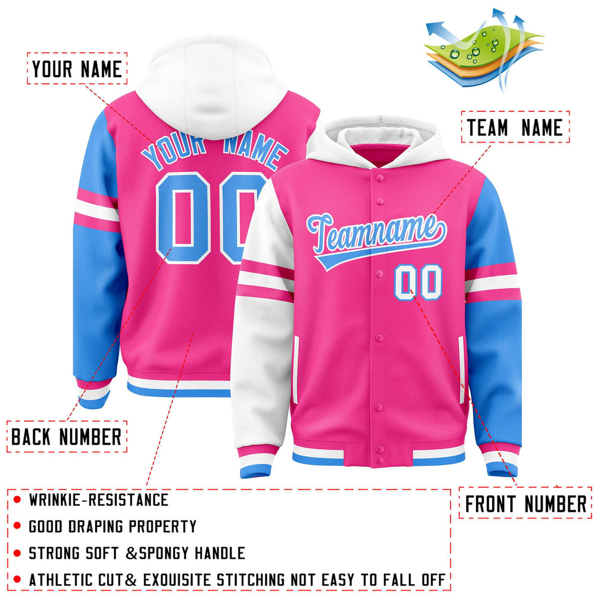 Custom Pink White-Powder Blue Raglan Sleeves Varsity Full-Snap Letterman Three Stripes Jacket Hoodie| KXKSHOP