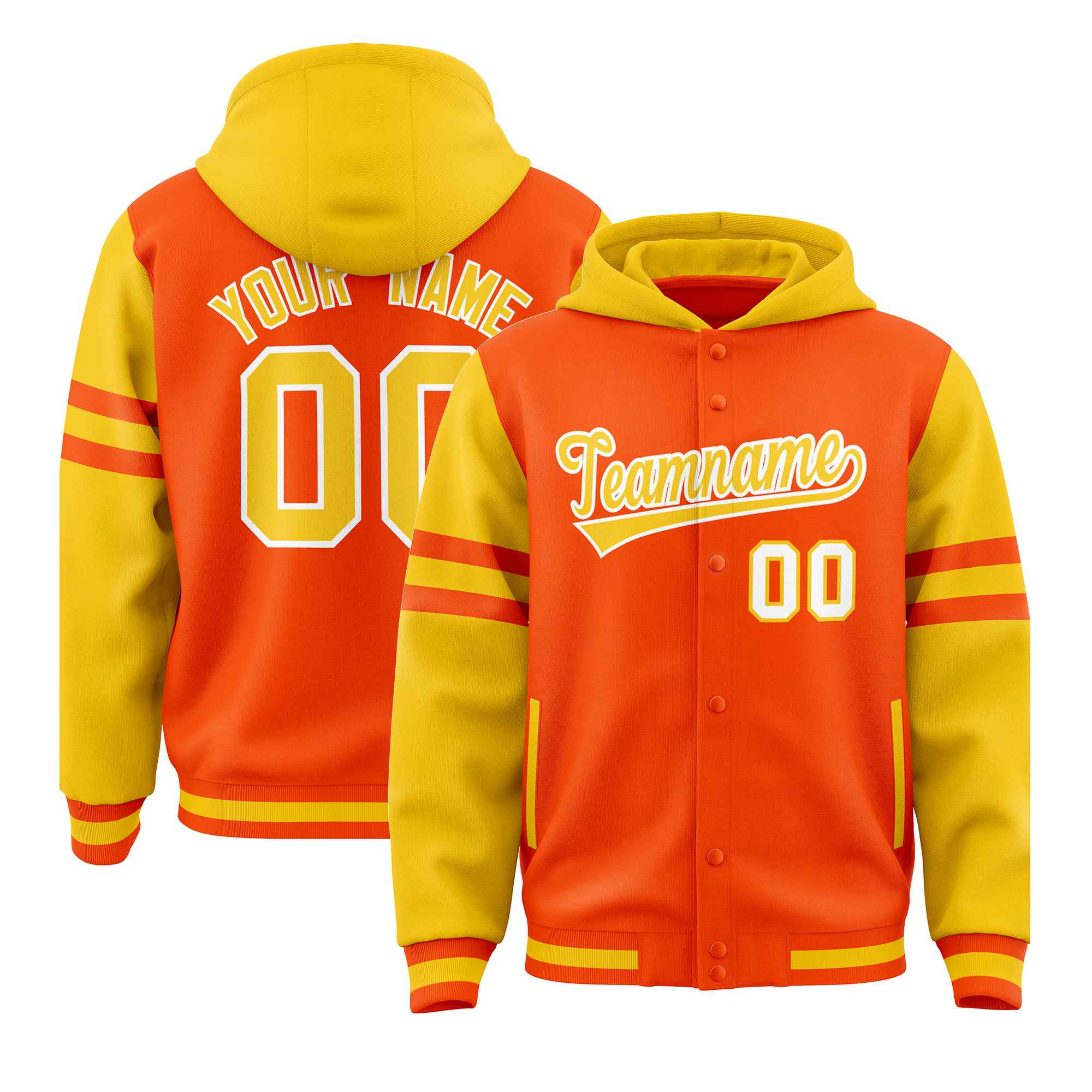 Custom Orange Gold Raglan Sleeves Varsity Full-Snap Letterman Three Stripes Jacket Hoodie| KXKSHOP