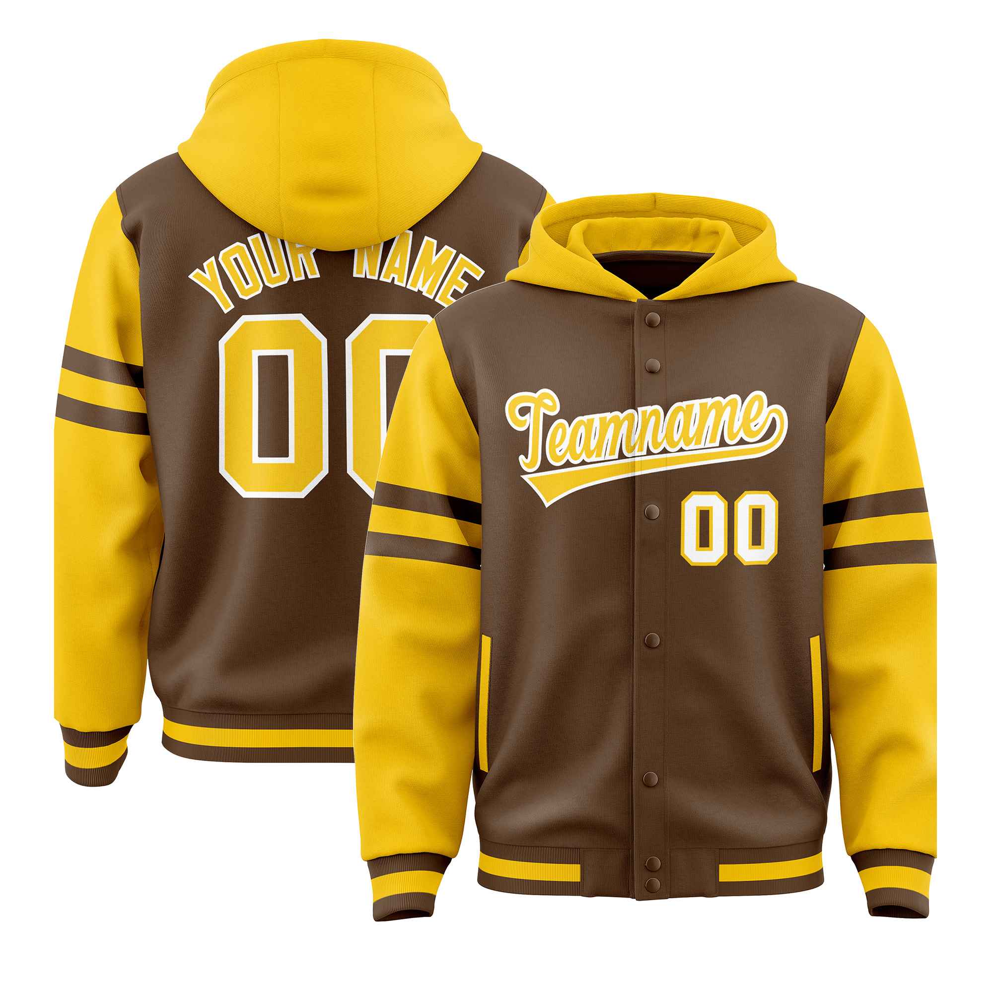 Custom Light Brown Gold Raglan Sleeves Varsity Full-Snap Letterman Three Stripes Jacket Hoodie| KXKSHOP