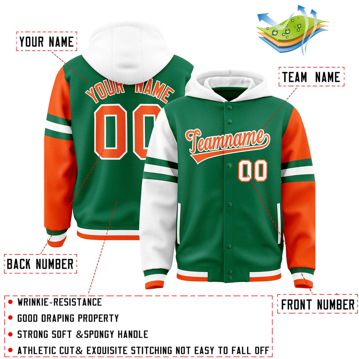 Custom Kelly Green White-Orange Raglan Sleeves Varsity Full-Snap Letterman Three Stripes Jacket Hoodie| KXKSHOP