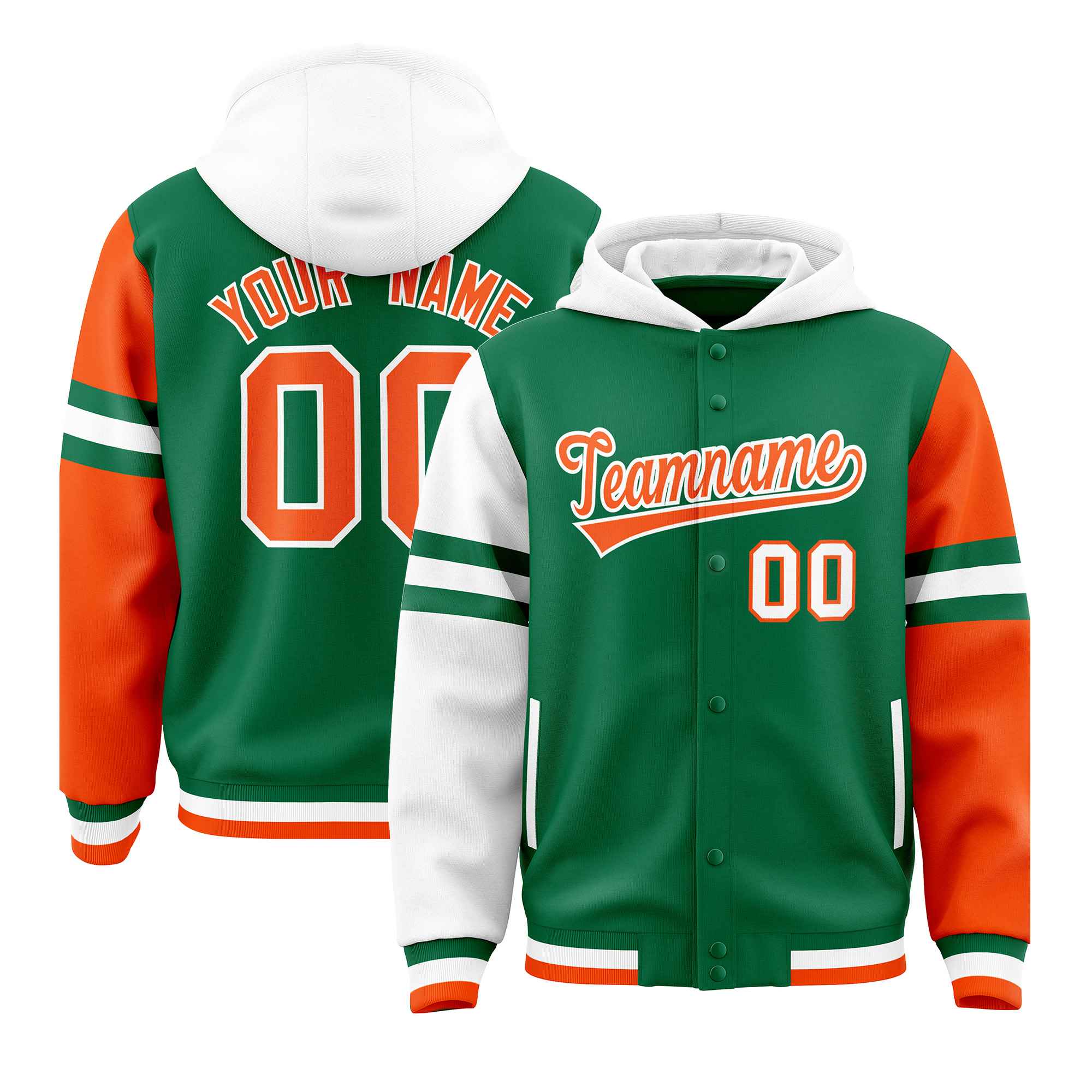Custom Kelly Green White-Orange Raglan Sleeves Varsity Full-Snap Letterman Three Stripes Jacket Hoodie| KXKSHOP