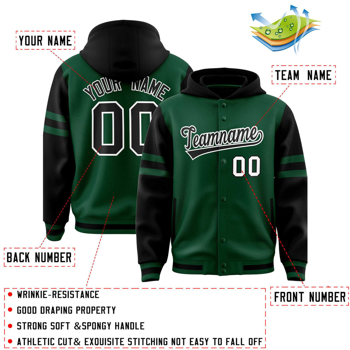Custom Green Black Raglan Sleeves Varsity Full-Snap Letterman Three Stripes Jacket Hoodie| KXKSHOP