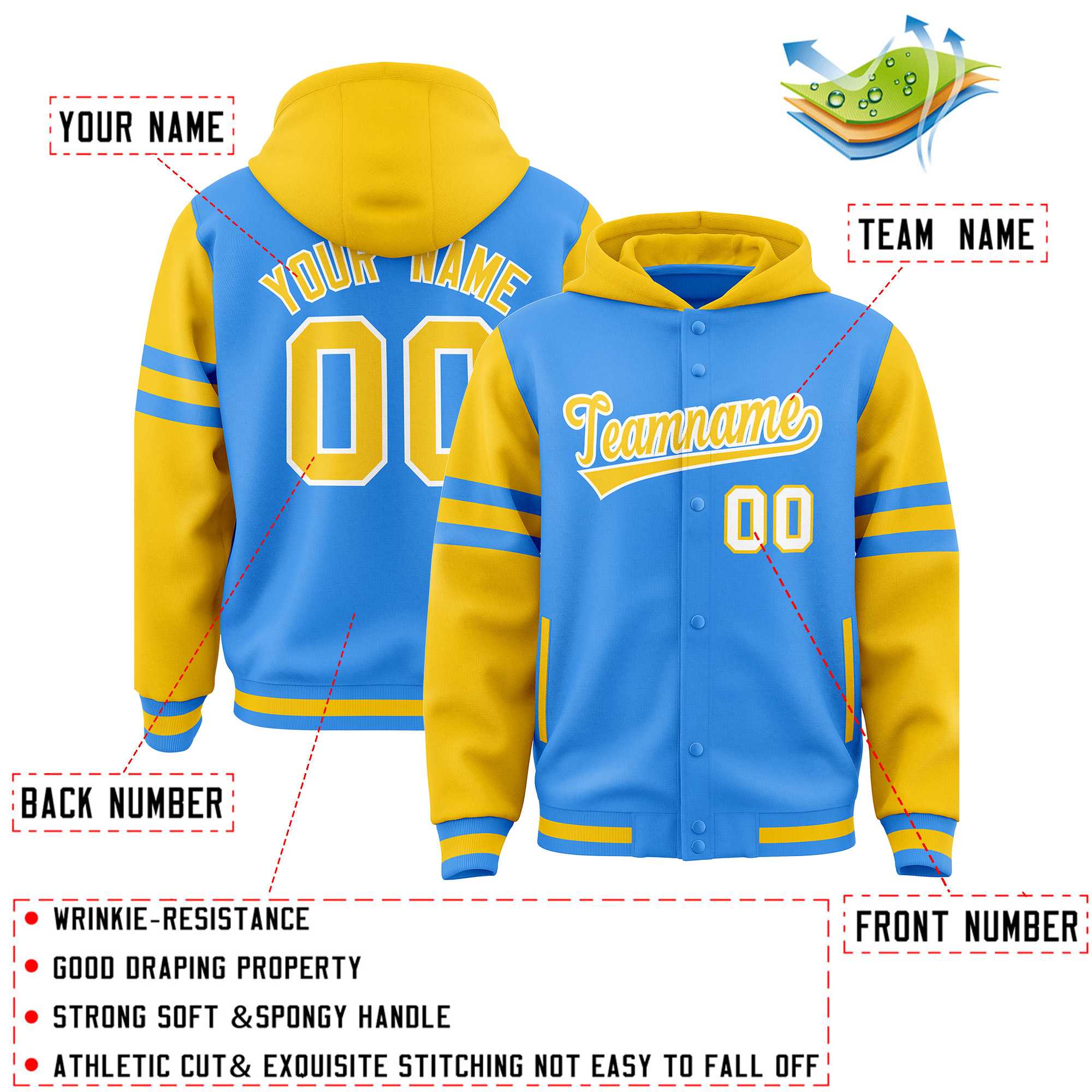 Custom Powder Blue Gold Raglan Sleeves Varsity Full-Snap Letterman Three Stripes Jacket Hoodie| KXKSHOP