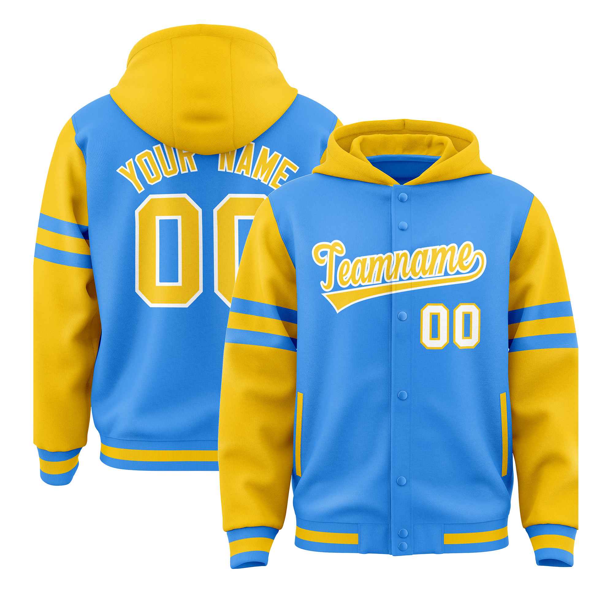 Custom Powder Blue Gold Raglan Sleeves Varsity Full-Snap Letterman Three Stripes Jacket Hoodie| KXKSHOP