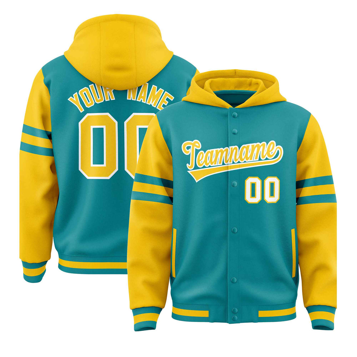 Custom Aqua Gold Raglan Sleeves Varsity Full-Snap Letterman Three Stripes Jacket Hoodie| KXKSHOP