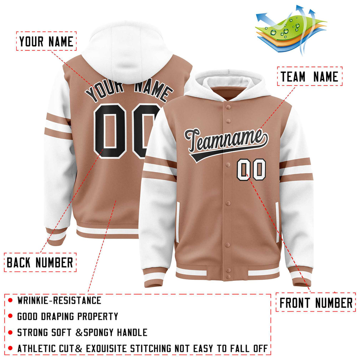 Custom Coffee Brown White Raglan Sleeves Varsity Full-Snap Letterman Three Stripes Jacket Hoodie| KXKSHOP