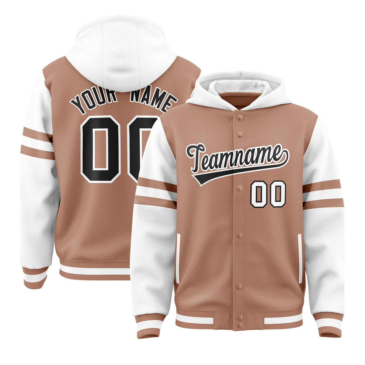 Custom Coffee Brown White Raglan Sleeves Varsity Full-Snap Letterman Three Stripes Jacket Hoodie| KXKSHOP