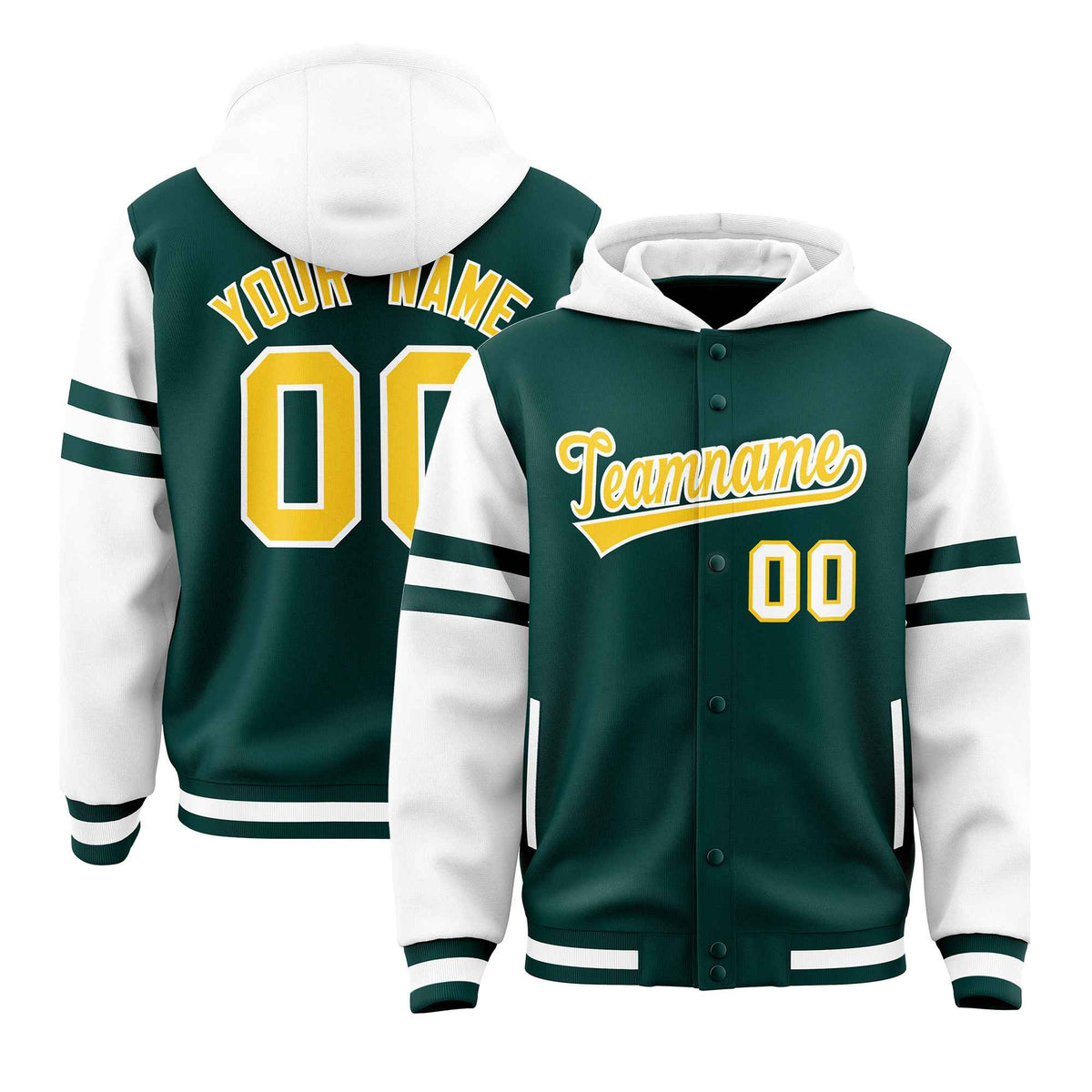 Custom Midnight Green White Raglan Sleeves Varsity Full-Snap Letterman Three Stripes Jacket Hoodie| KXKSHOP