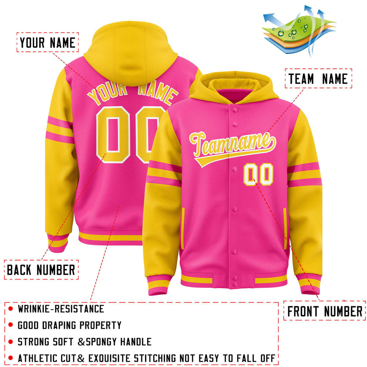 Custom Pink Gold Raglan Sleeves Varsity Full-Snap Letterman Three Stripes Jacket Hoodie| KXKSHOP