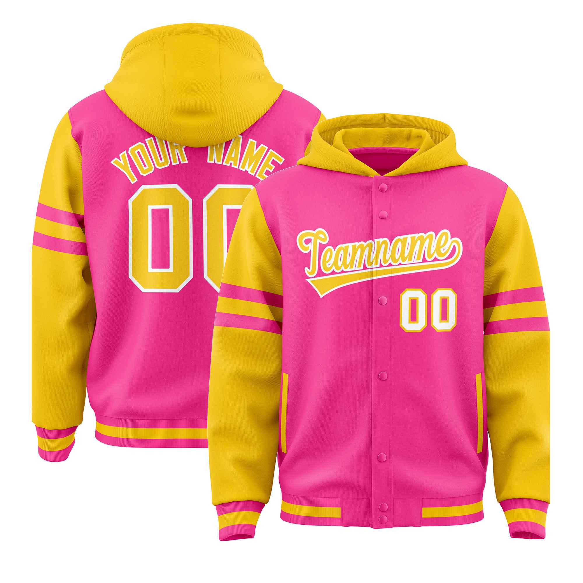 Custom Pink Gold Raglan Sleeves Varsity Full-Snap Letterman Three Stripes Jacket Hoodie| KXKSHOP