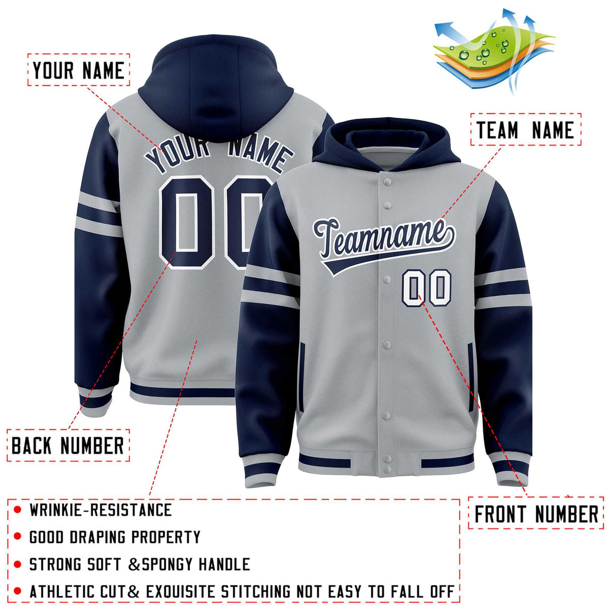 Custom Silver Navy Raglan Sleeves Varsity Full-Snap Letterman Three Stripes Jacket Hoodie| KXKSHOP