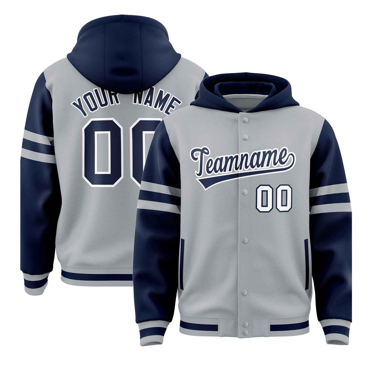 Custom Silver Navy Raglan Sleeves Varsity Full-Snap Letterman Three Stripes Jacket Hoodie| KXKSHOP