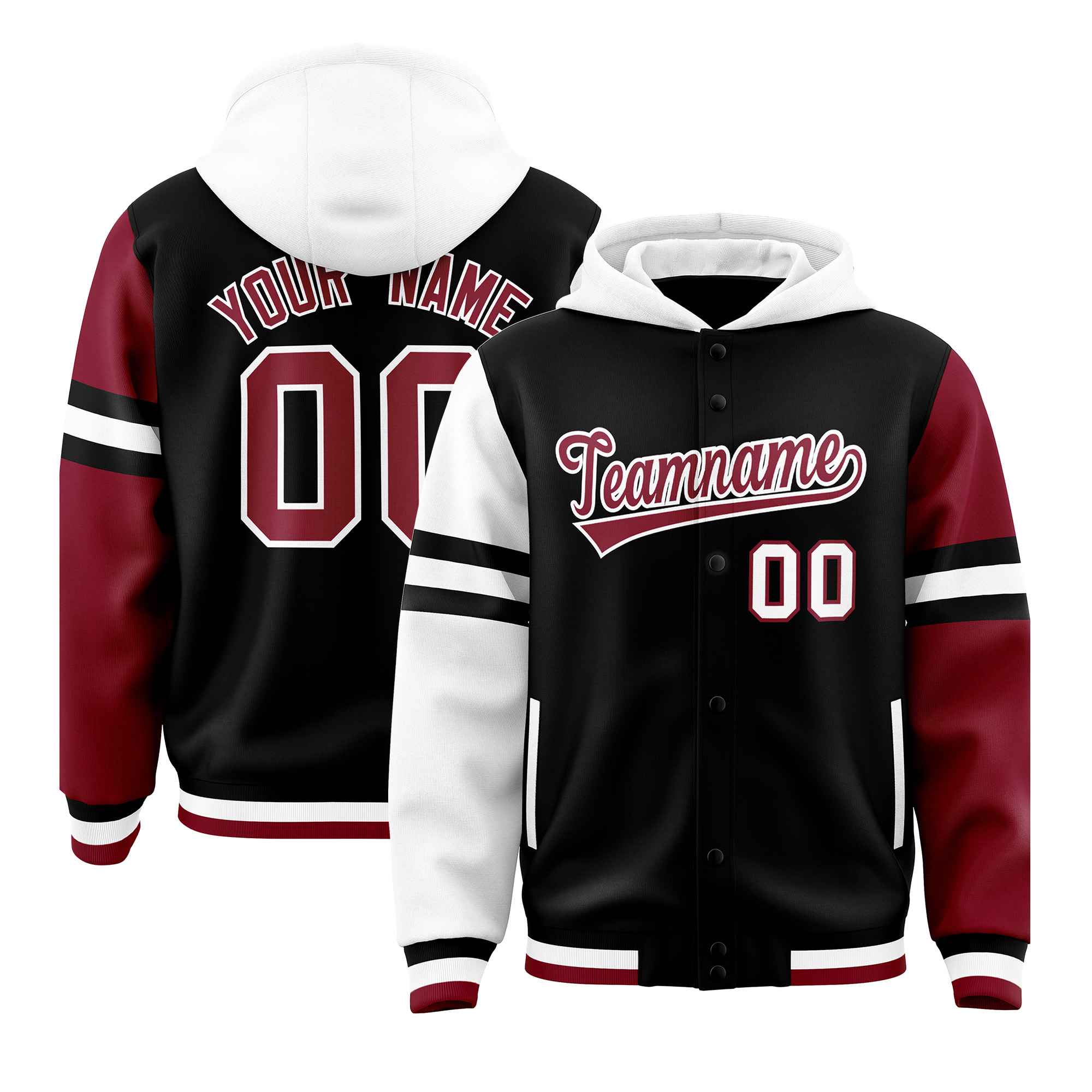 Custom Black White-Crimson Raglan Sleeves Varsity Full-Snap Letterman Three Stripes Jacket Hoodie| KXKSHOP