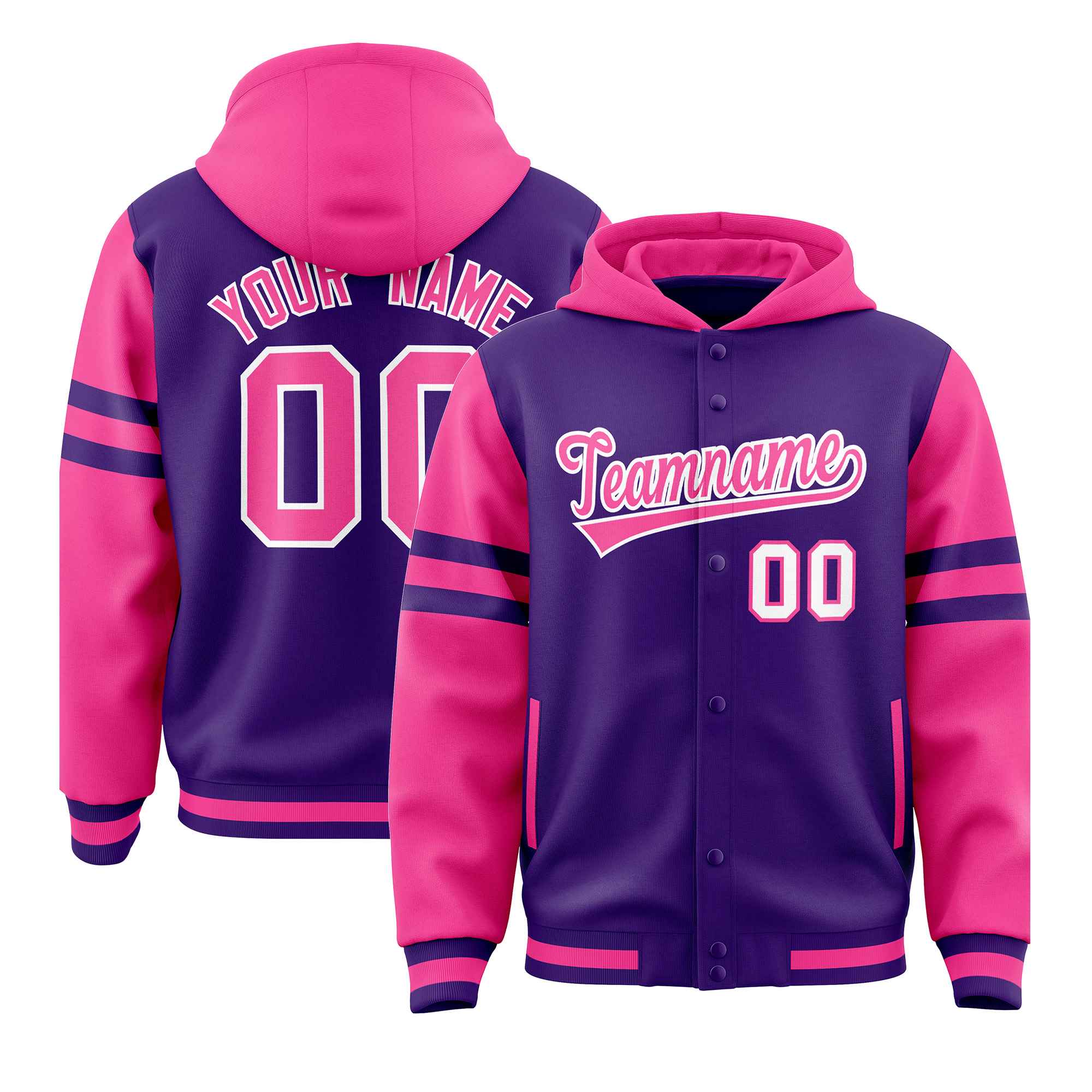 Custom Purple Pink Raglan Sleeves Varsity Full-Snap Letterman Three Stripes Jacket Hoodie| KXKSHOP