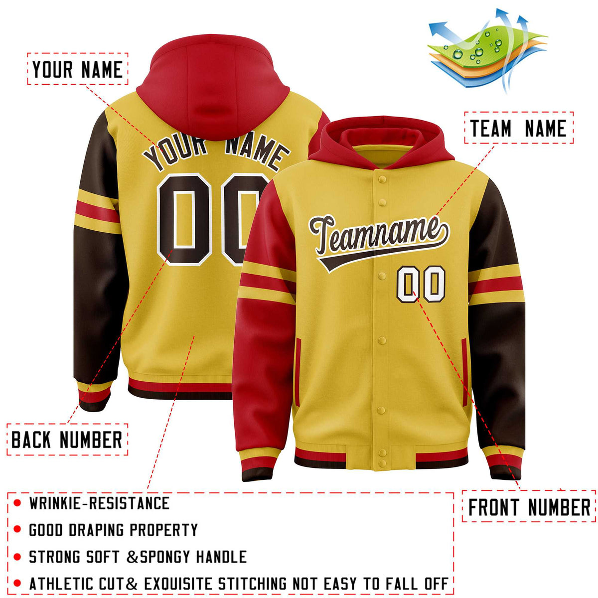 Custom Old Gold Red-Brown Raglan Sleeves Varsity Full-Snap Letterman Three Stripes Jacket Hoodie| KXKSHOP