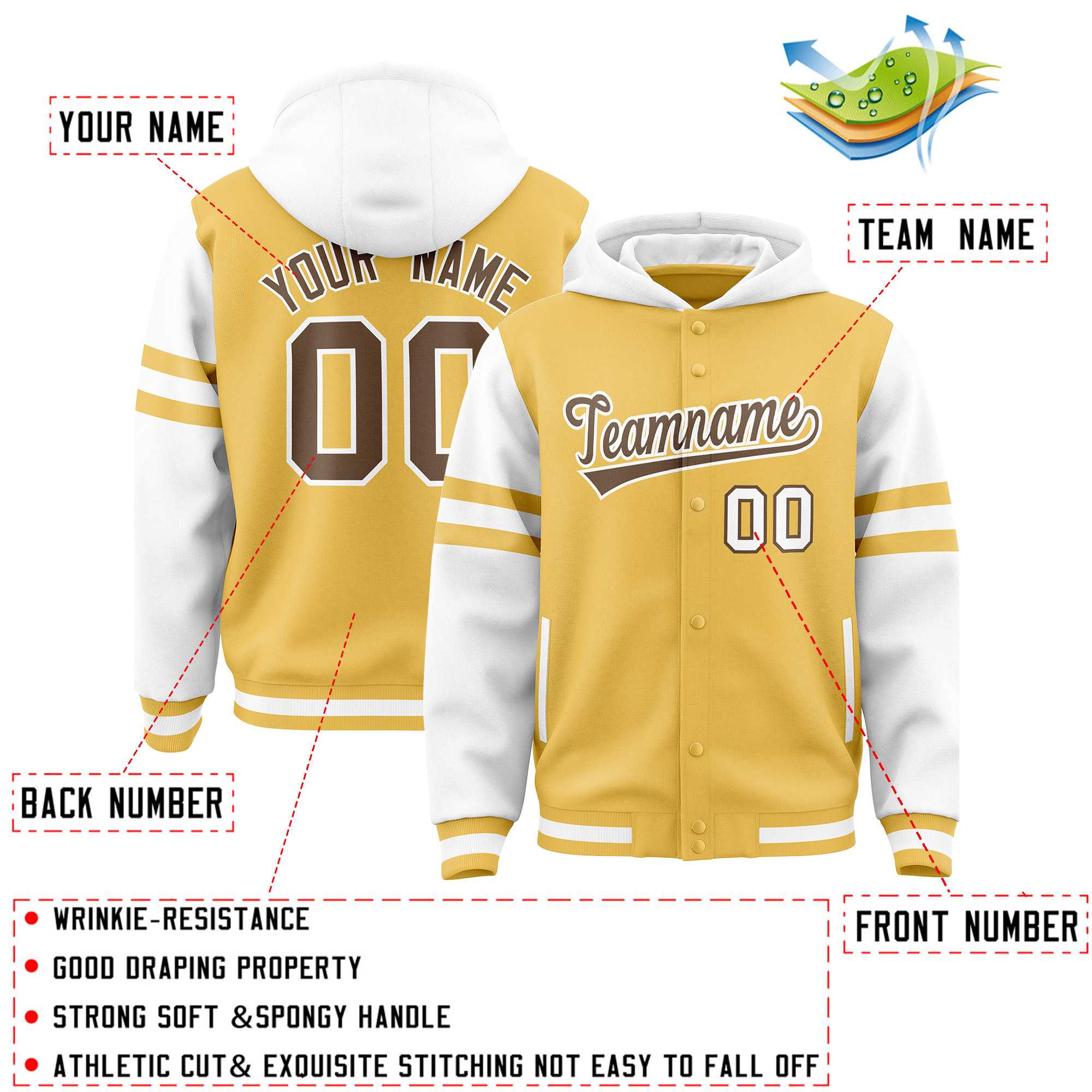 Custom Khaki White Raglan Sleeves Varsity Full-Snap Letterman Three Stripes Jacket Hoodie| KXKSHOP