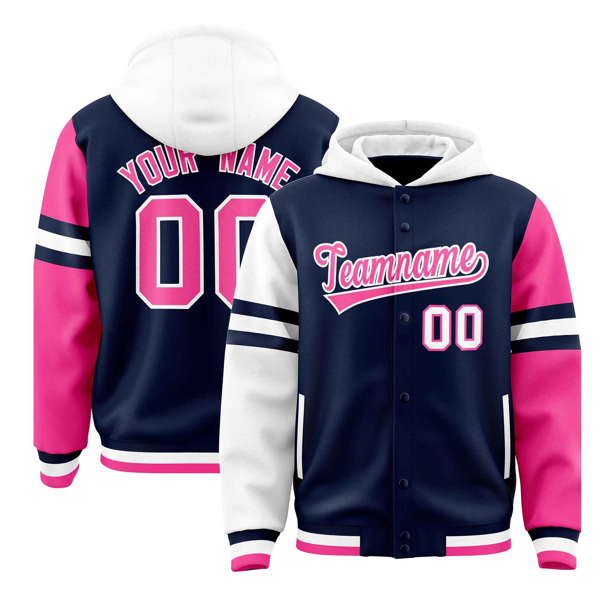 Custom Navy White-Pink Raglan Sleeves Varsity Full-Snap Letterman Three Stripes Jacket Hoodie| KXKSHOP