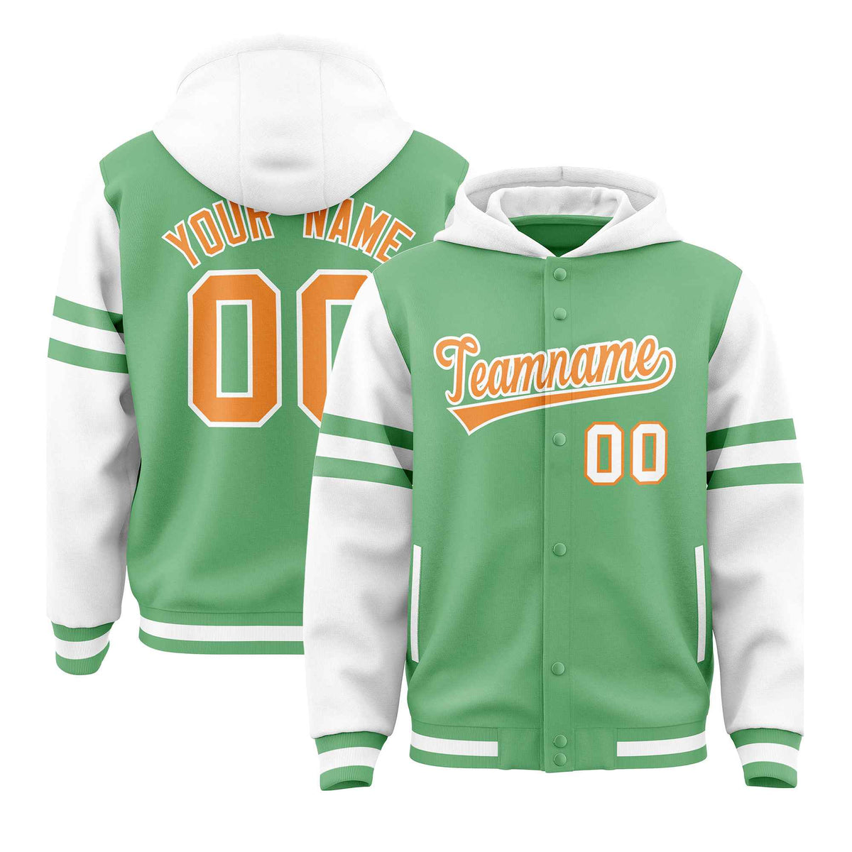 Custom Light Green White Raglan Sleeves Varsity Full-Snap Letterman Three Stripes Jacket Hoodie| KXKSHOP