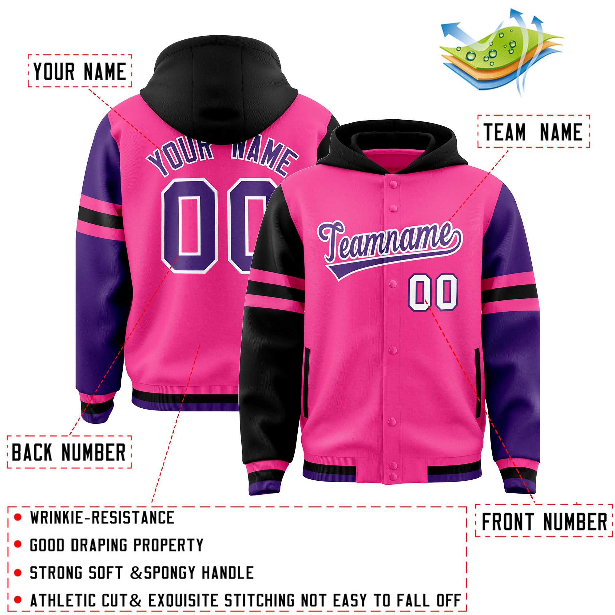 Custom Pink Black-Purple Raglan Sleeves Varsity Full-Snap Letterman Three Stripes Jacket Hoodie| KXKSHOP