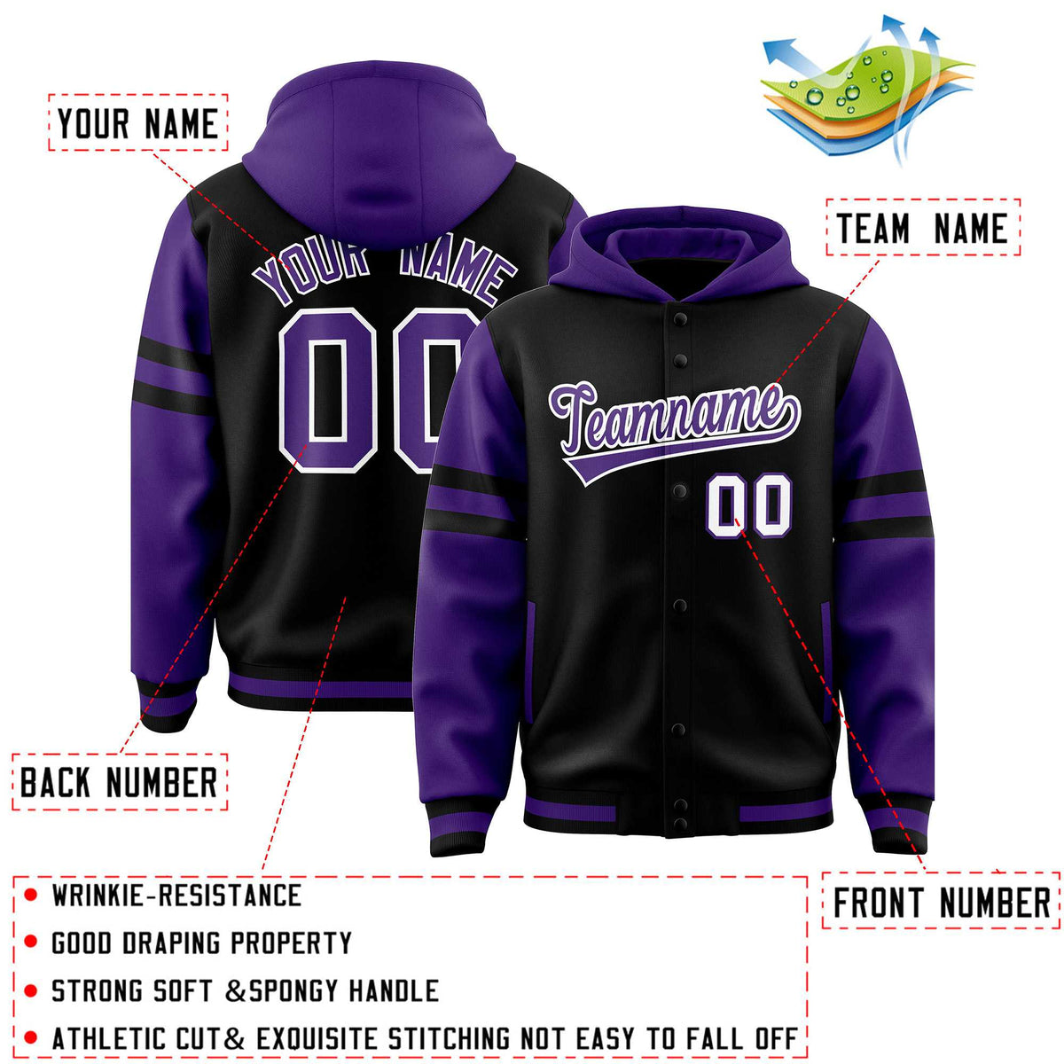 Custom Black Purple Raglan Sleeves Varsity Full-Snap Letterman Three Stripes Jacket Hoodie| KXKSHOP