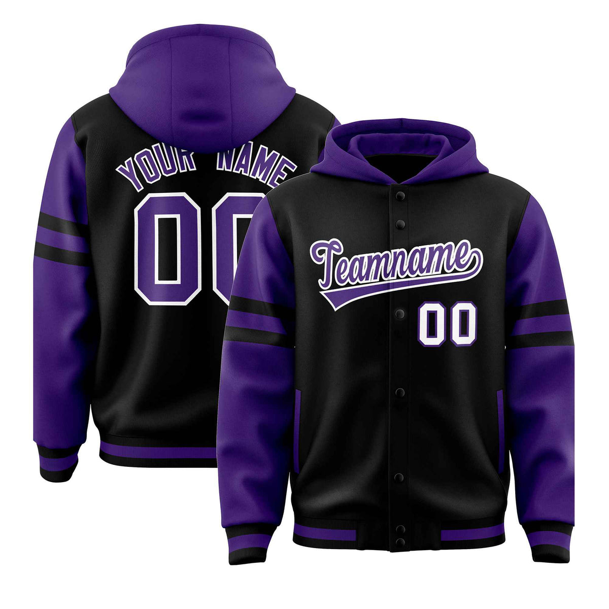 Custom Black Purple Raglan Sleeves Varsity Full-Snap Letterman Three Stripes Jacket Hoodie| KXKSHOP