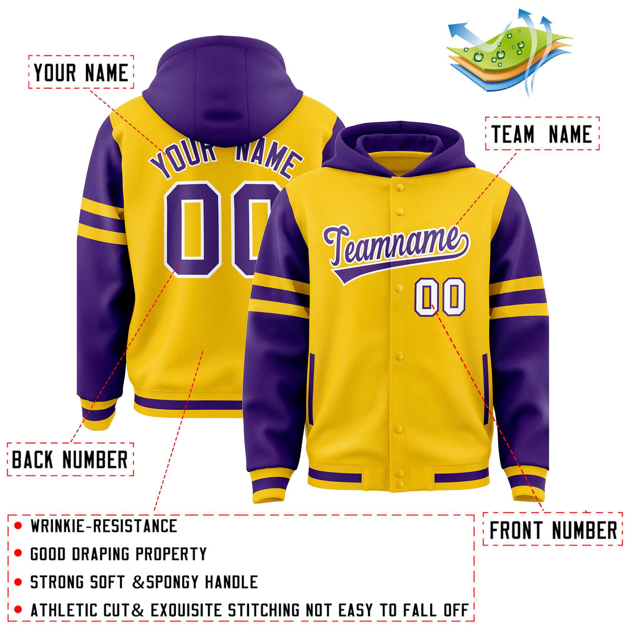 Custom Gold Purple Raglan Sleeves Varsity Full-Snap Letterman Three Stripes Jacket Hoodie| KXKSHOP