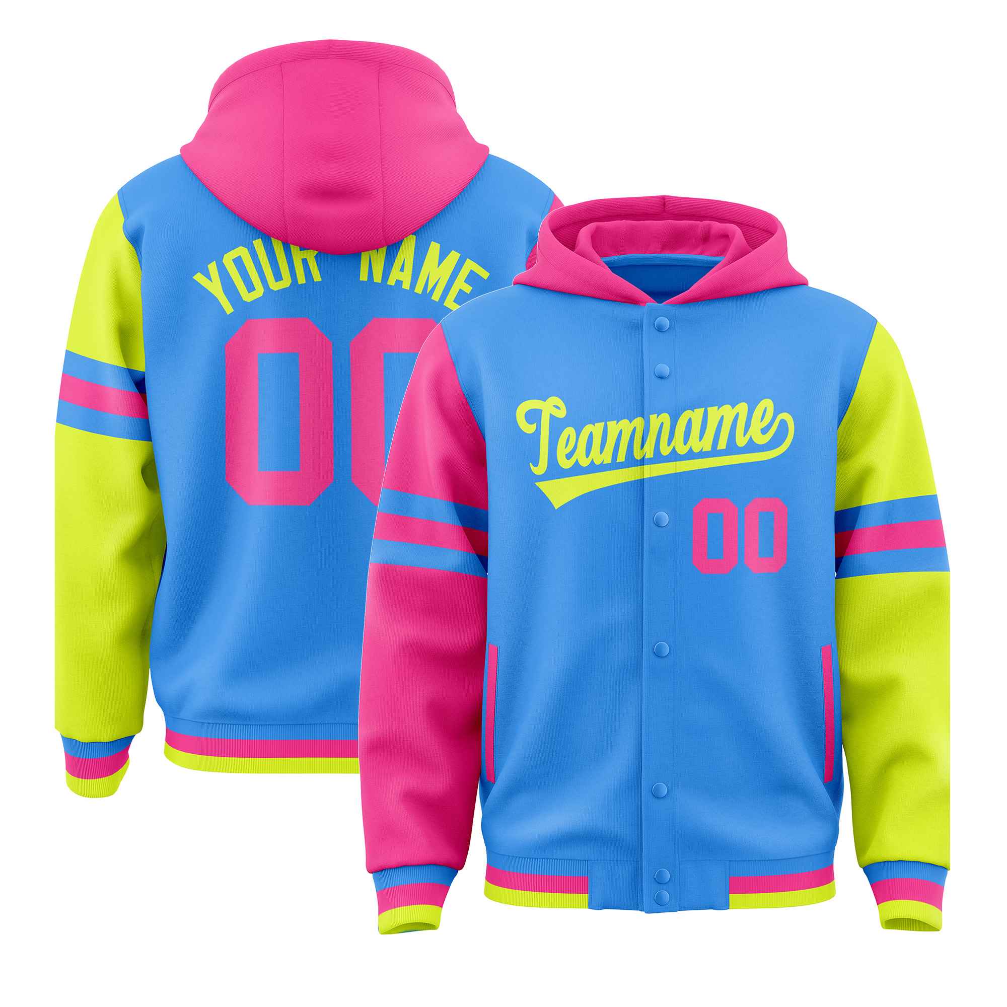 Custom Powder Blue Pink-Fluorescent Green Raglan Sleeves Varsity Full-Snap Letterman Three Stripes Jacket Hoodie| KXKSHOP