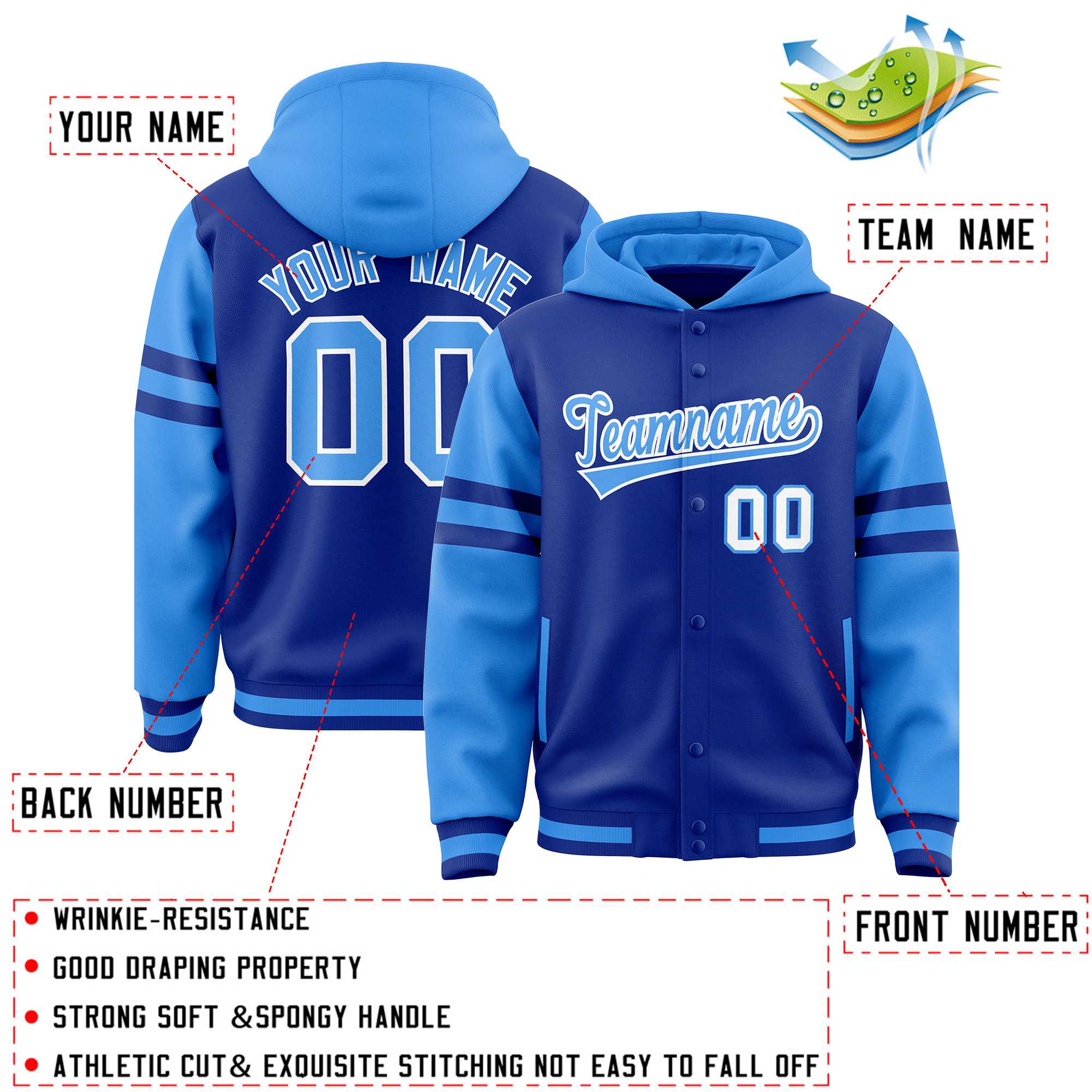 Custom Royal Powder Blue Raglan Sleeves Varsity Full-Snap Letterman Three Stripes Jacket Hoodie| KXKSHOP