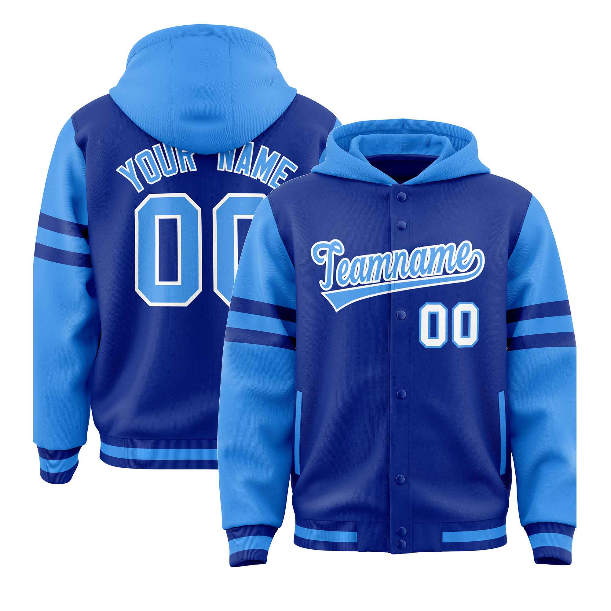 Custom Royal Powder Blue Raglan Sleeves Varsity Full-Snap Letterman Three Stripes Jacket Hoodie| KXKSHOP