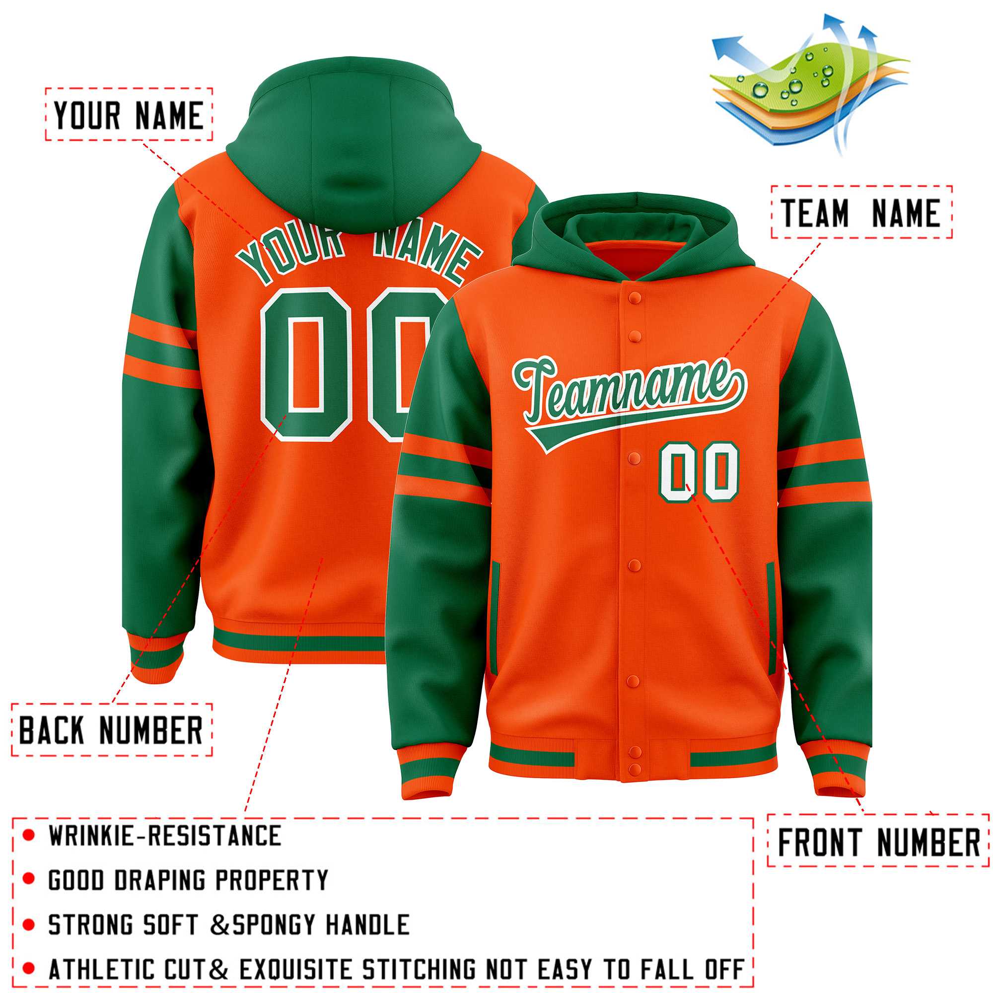 Custom Orange Kelly Green Raglan Sleeves Varsity Full-Snap Letterman Three Stripes Jacket Hoodie| KXKSHOP