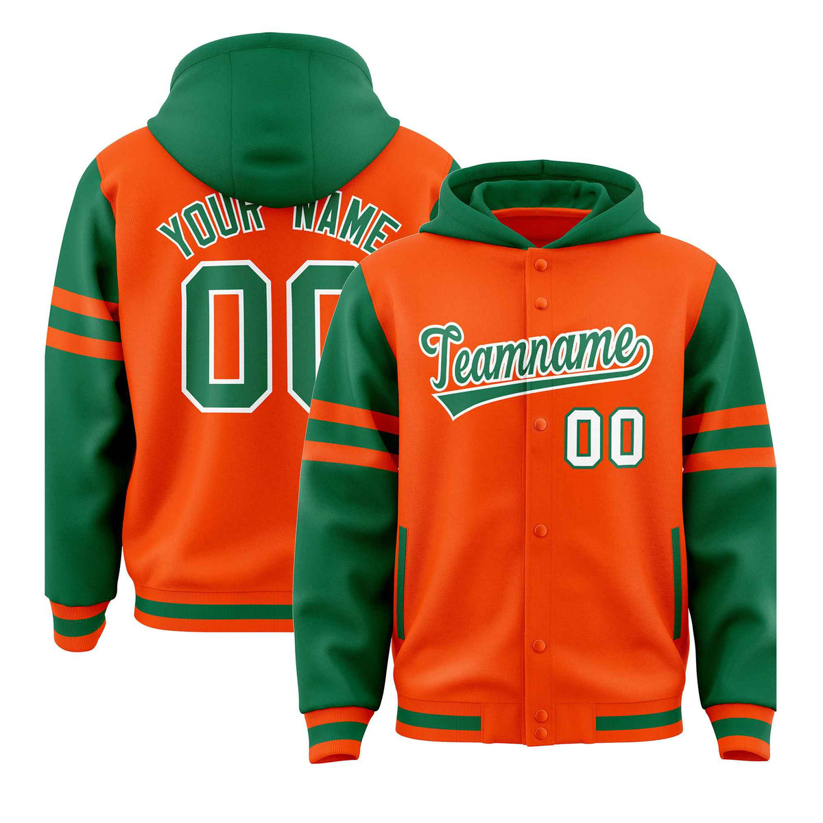 Custom Orange Kelly Green Raglan Sleeves Varsity Full-Snap Letterman Three Stripes Jacket Hoodie| KXKSHOP