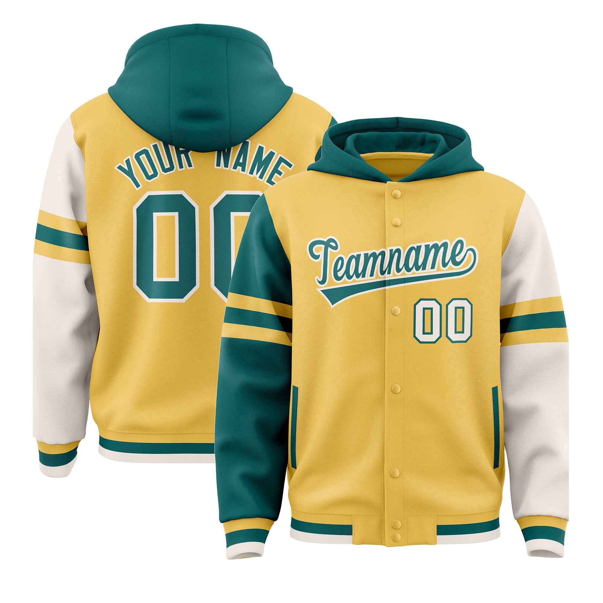 Custom Khaki Aqua-Cream Raglan Sleeves Varsity Full-Snap Letterman Three Stripes Jacket Hoodie| KXKSHOP