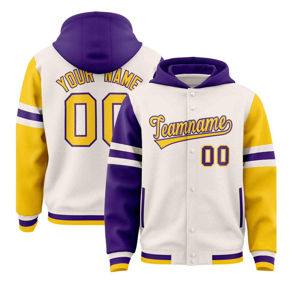Custom Cream Purple-Gold Raglan Sleeves Varsity Full-Snap Letterman Three Stripes Jacket Hoodie| KXKSHOP