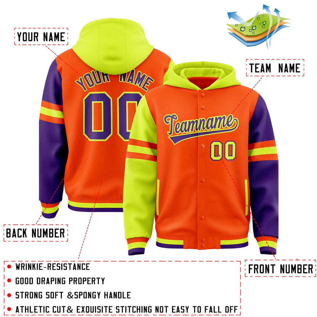 Custom Orange Fluorescent Green-Purple Raglan Sleeves Varsity Full-Snap Letterman Three Stripes Jacket Hoodie| KXKSHOP