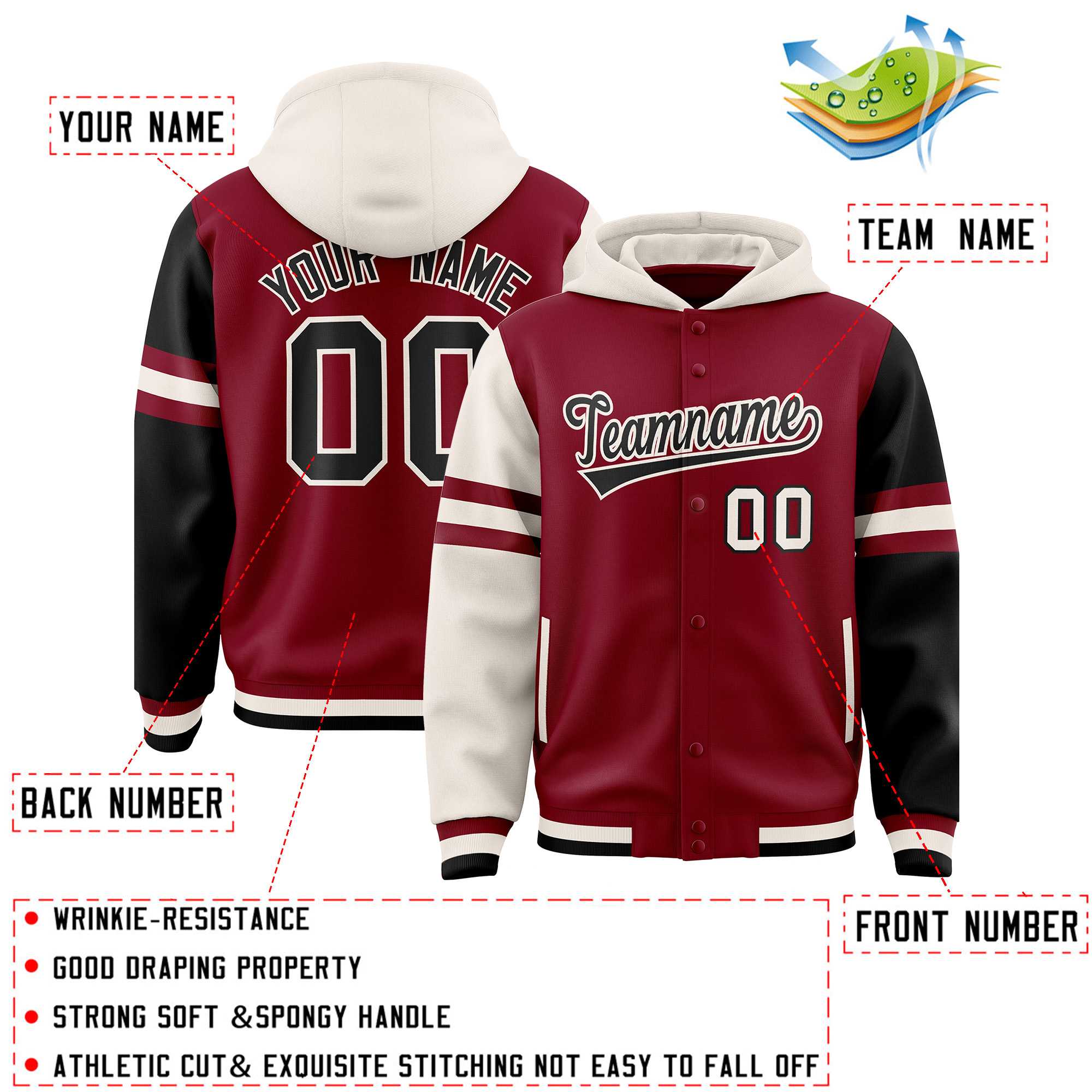 Custom Crimson Cream-Black Raglan Sleeves Varsity Full-Snap Letterman Three Stripes Jacket Hoodie| KXKSHOP