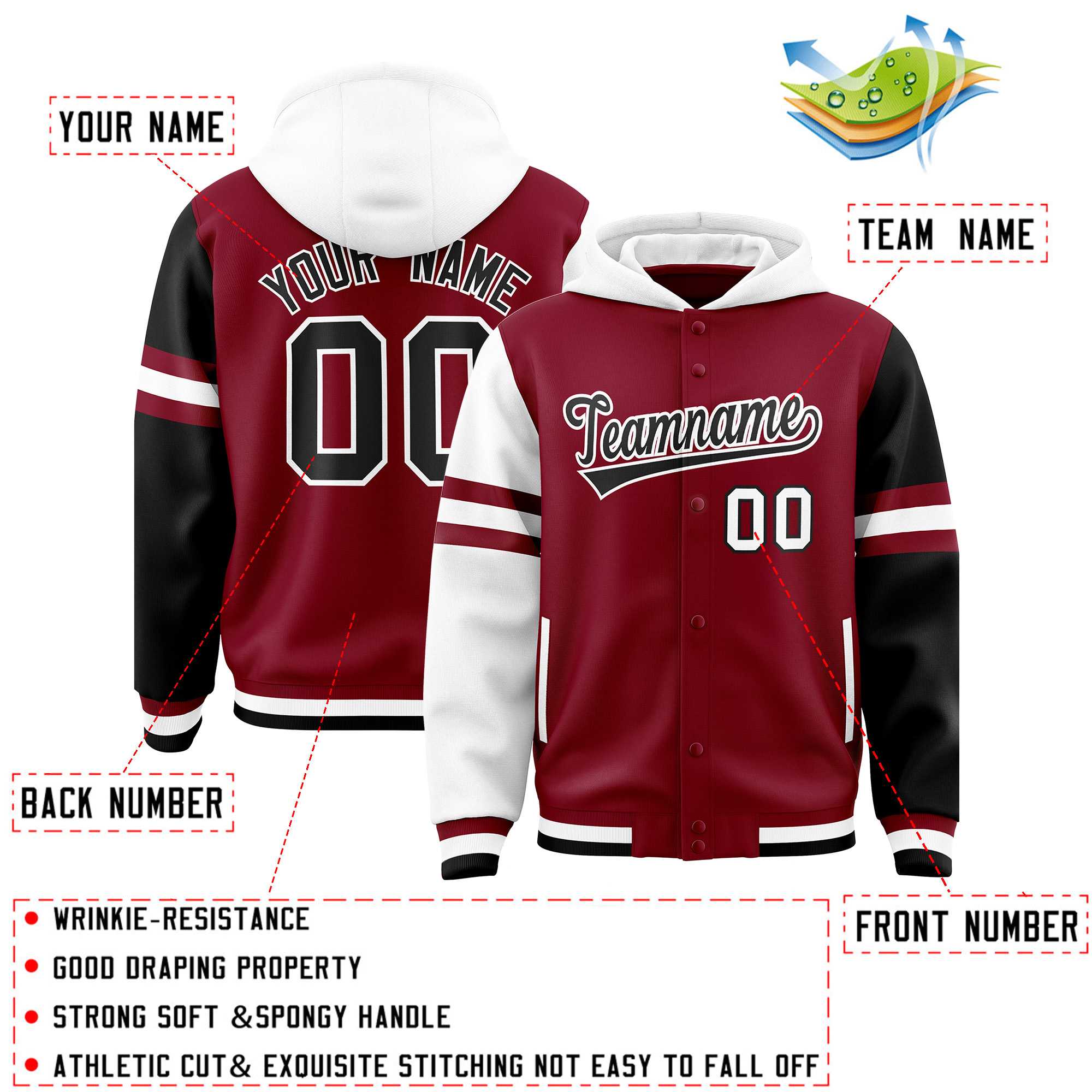Custom Crimson White-Black Raglan Sleeves Varsity Full-Snap Letterman Three Stripes Jacket Hoodie| KXKSHOP