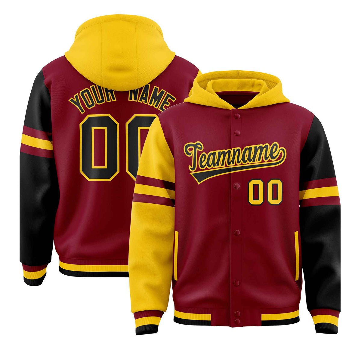 Custom Crimson Gold-Black Raglan Sleeves Varsity Full-Snap Letterman Three Stripes Jacket Hoodie| KXKSHOP