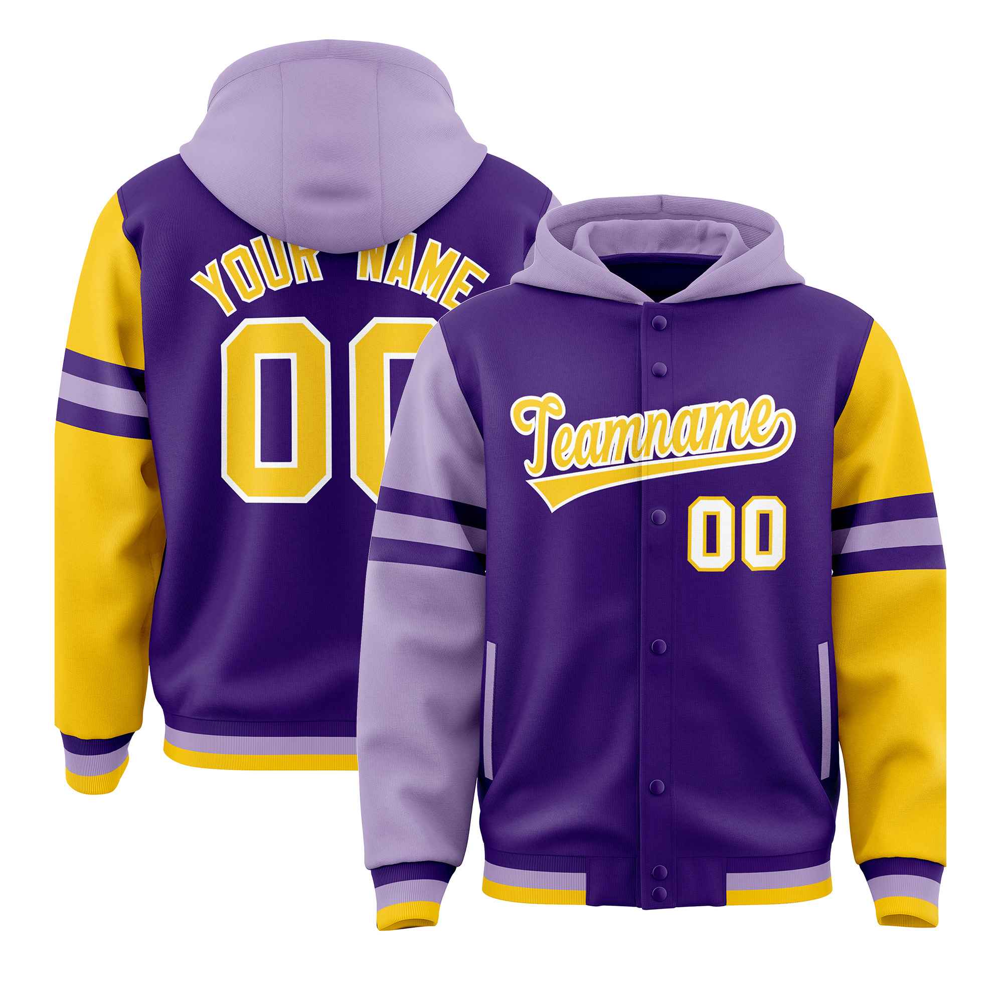 Custom Purple Light Purple-Gold Raglan Sleeves Varsity Full-Snap Letterman Three Stripes Jacket Hoodie| KXKSHOP