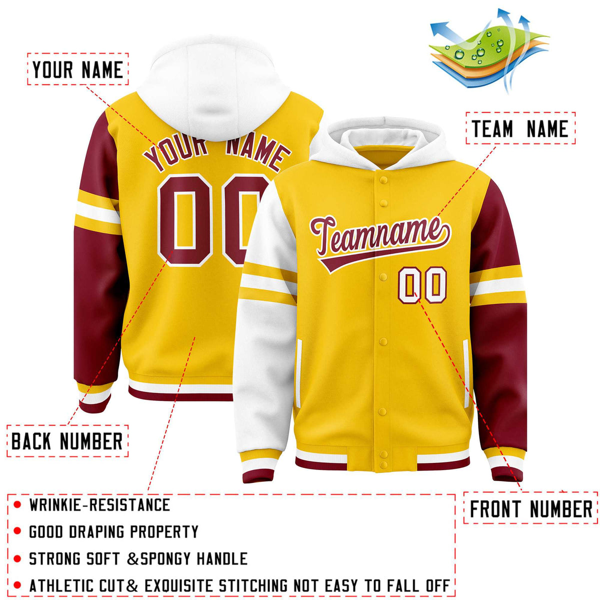 Custom Gold White-Crimson Raglan Sleeves Varsity Full-Snap Letterman Three Stripes Jacket Hoodie| KXKSHOP