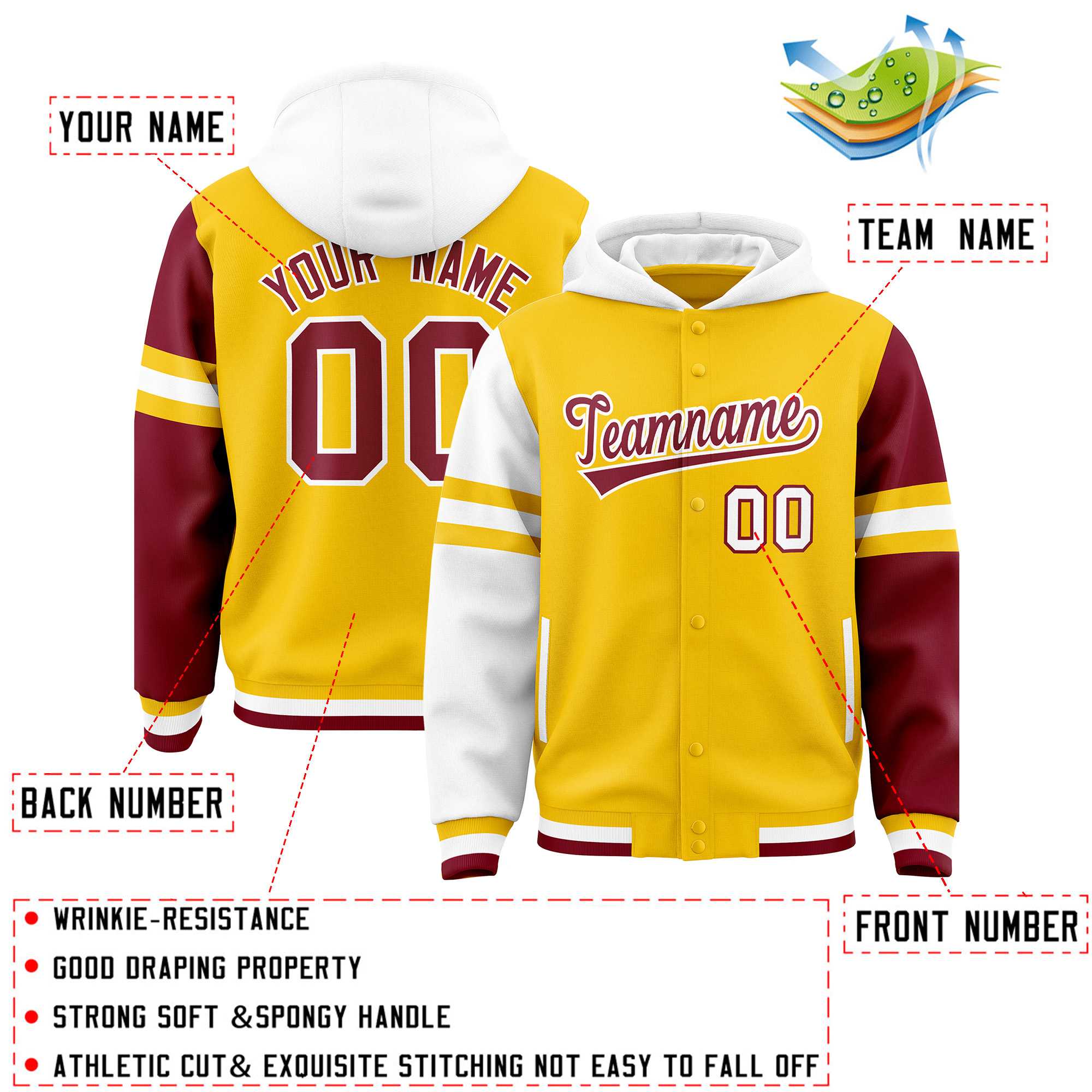 Custom Gold White-Crimson Raglan Sleeves Varsity Full-Snap Letterman Three Stripes Jacket Hoodie| KXKSHOP