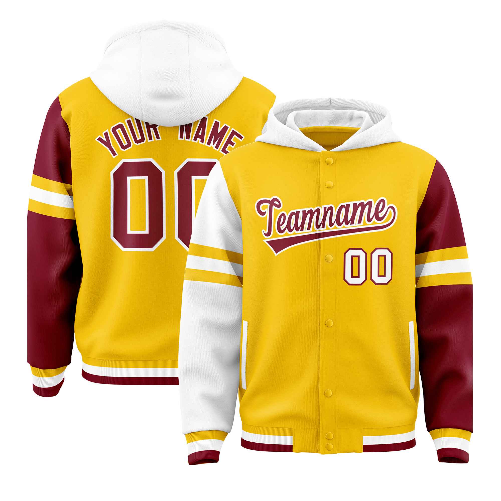 Custom Gold White-Crimson Raglan Sleeves Varsity Full-Snap Letterman Three Stripes Jacket Hoodie| KXKSHOP