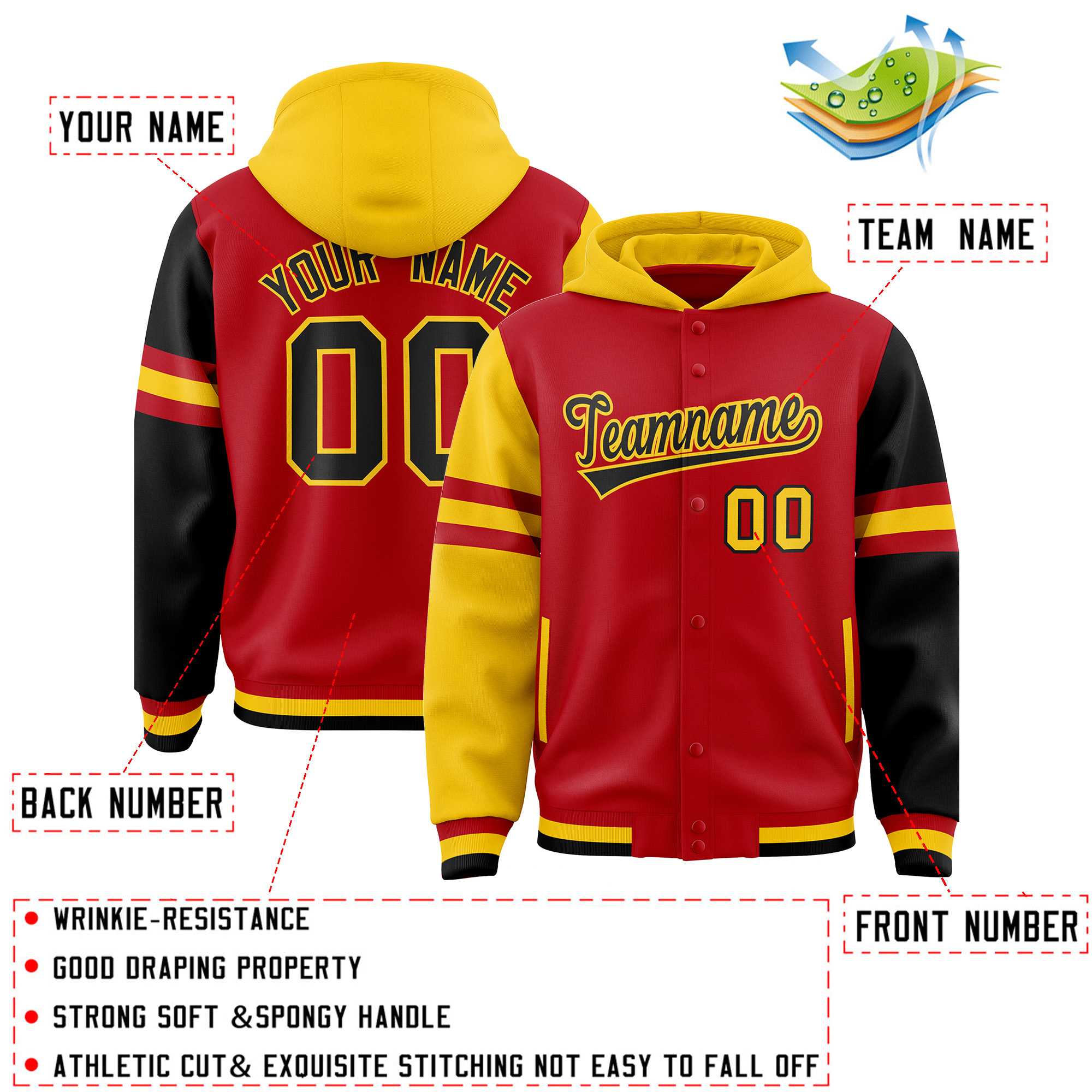 Custom Red Gold-Black Raglan Sleeves Varsity Full-Snap Letterman Three Stripes Jacket Hoodie| KXKSHOP