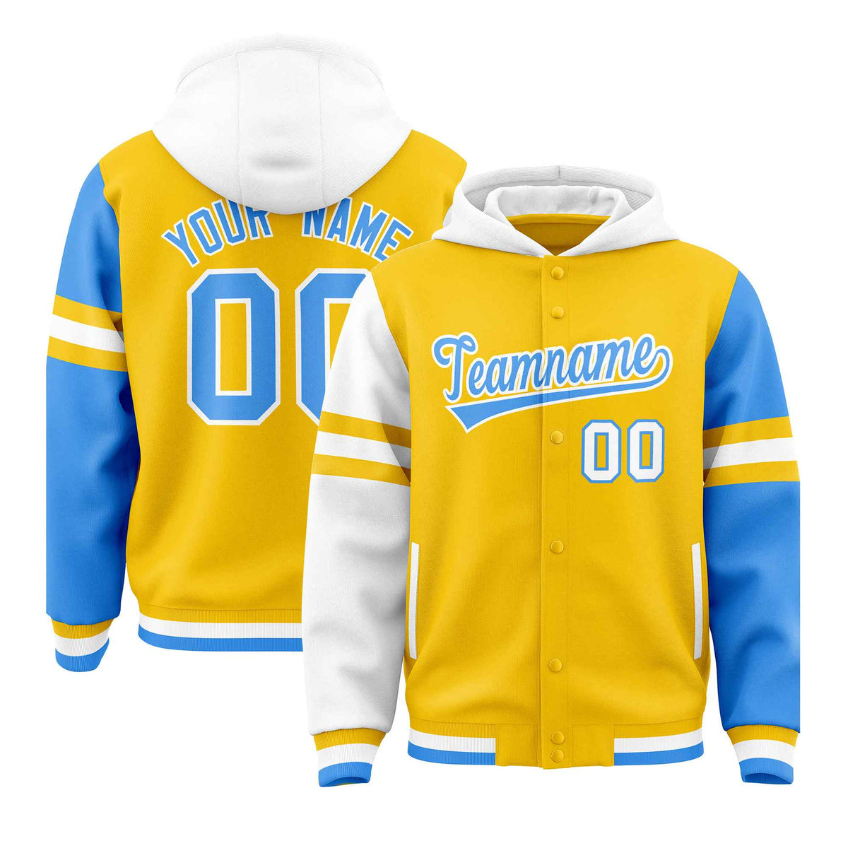 Custom Gold White-Powder Blue Raglan Sleeves Varsity Full-Snap Letterman Three Stripes Jacket Hoodie| KXKSHOP