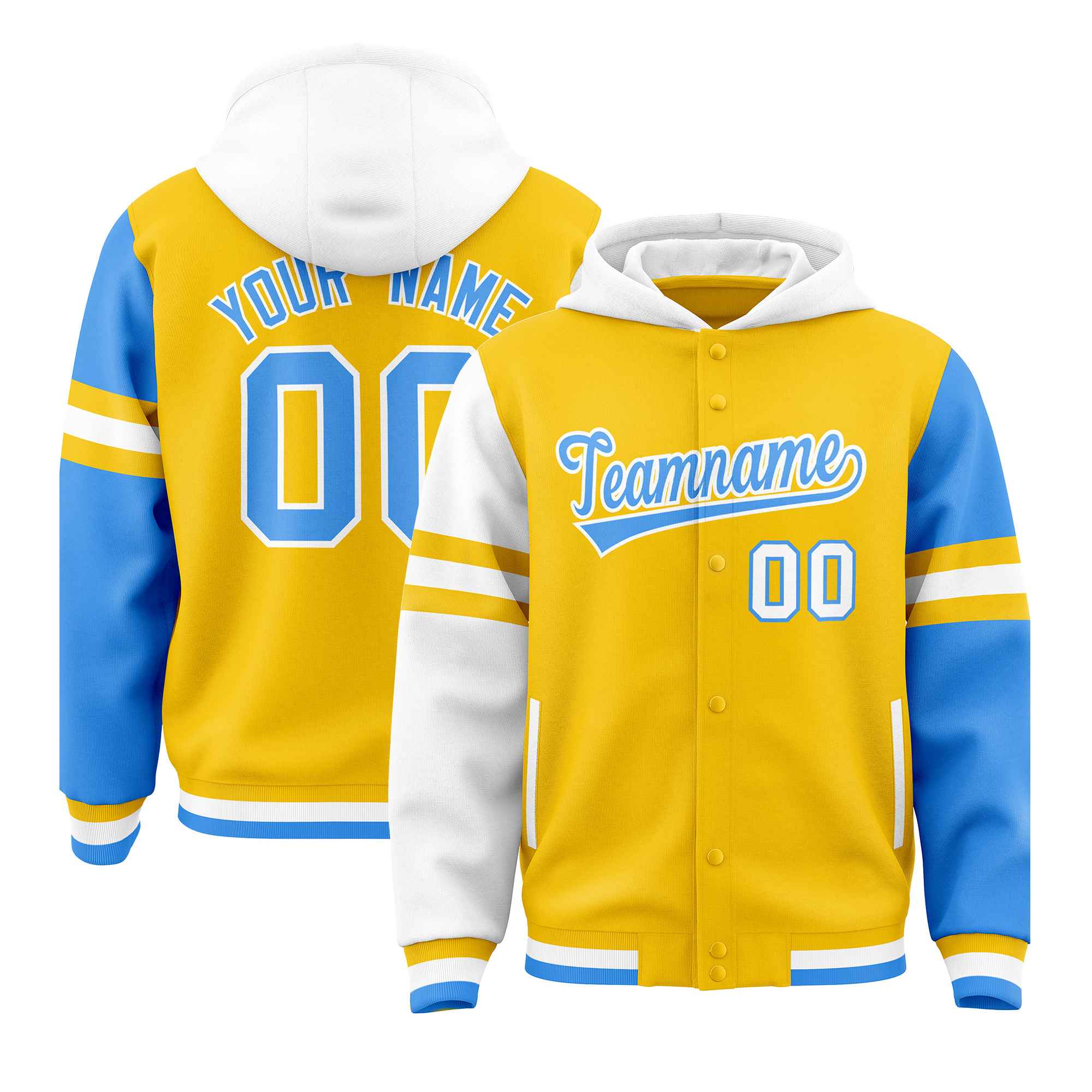 Custom Gold White-Powder Blue Raglan Sleeves Varsity Full-Snap Letterman Three Stripes Jacket Hoodie| KXKSHOP