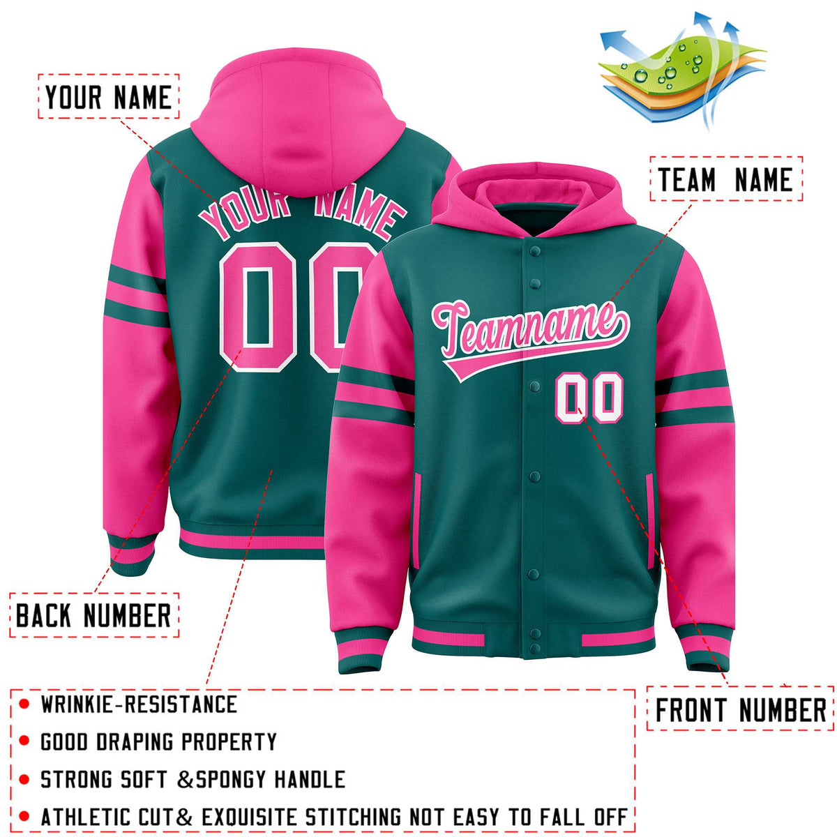 Custom Aqua Pink Raglan Sleeves Varsity Full-Snap Letterman Three Stripes Jacket Hoodie| KXKSHOP