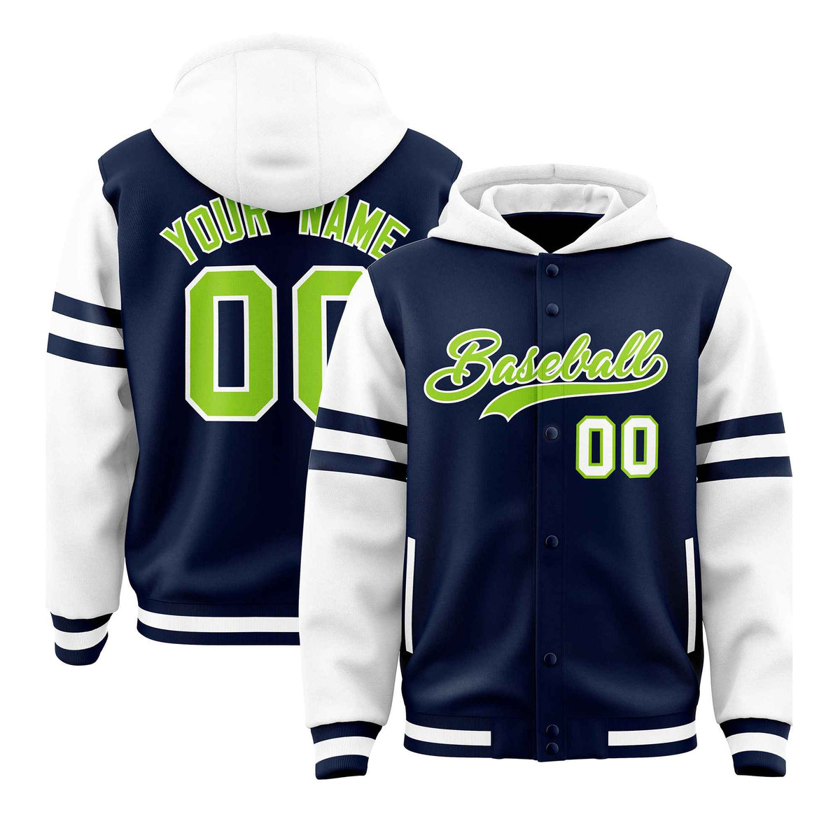 Custom Navy White Raglan Sleeves Varsity Full-Snap Letterman Three Stripes Jacket Hoodie| KXKSHOP