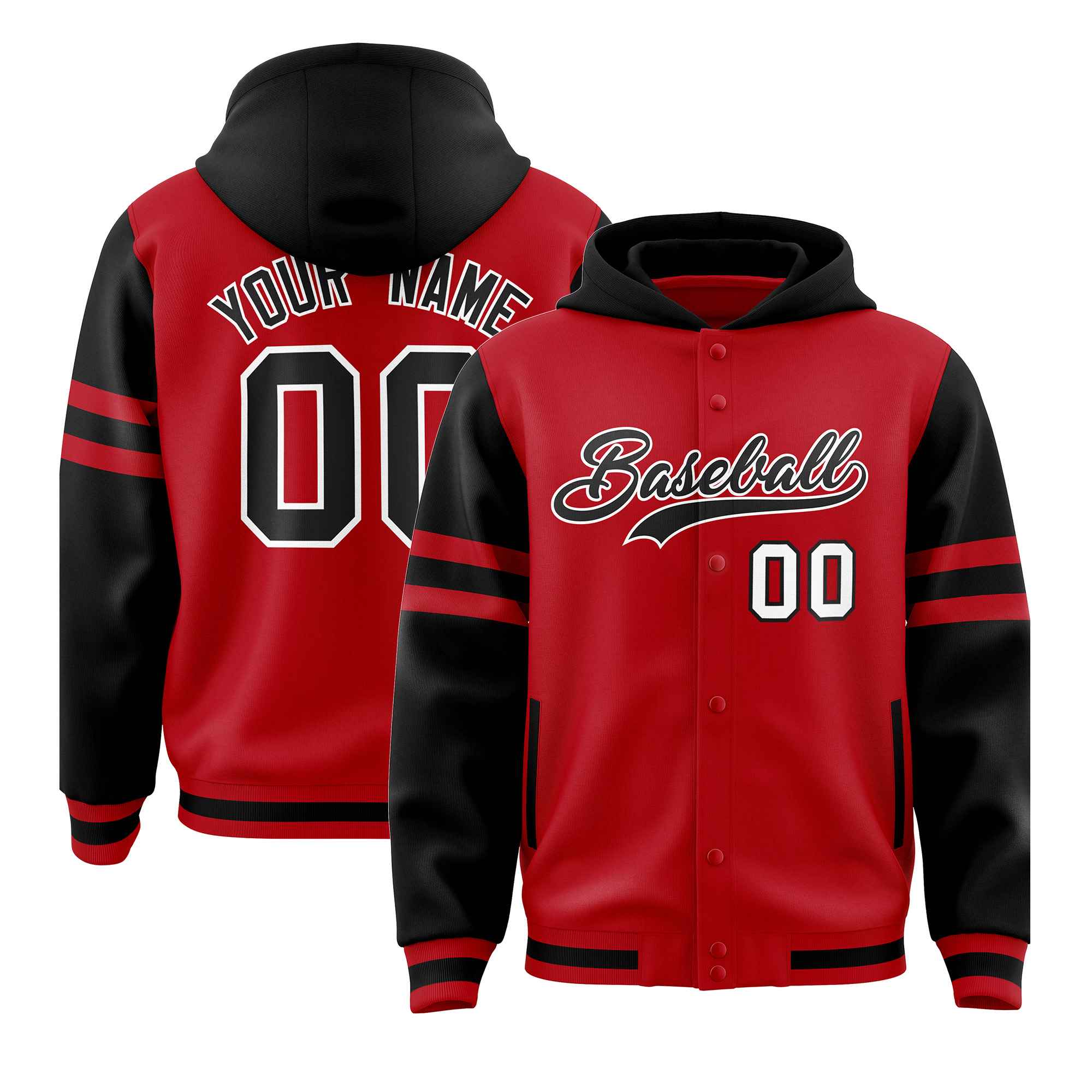 Custom Red Black Raglan Sleeves Varsity Full-Snap Letterman Three Stripes Jacket Hoodie| KXKSHOP