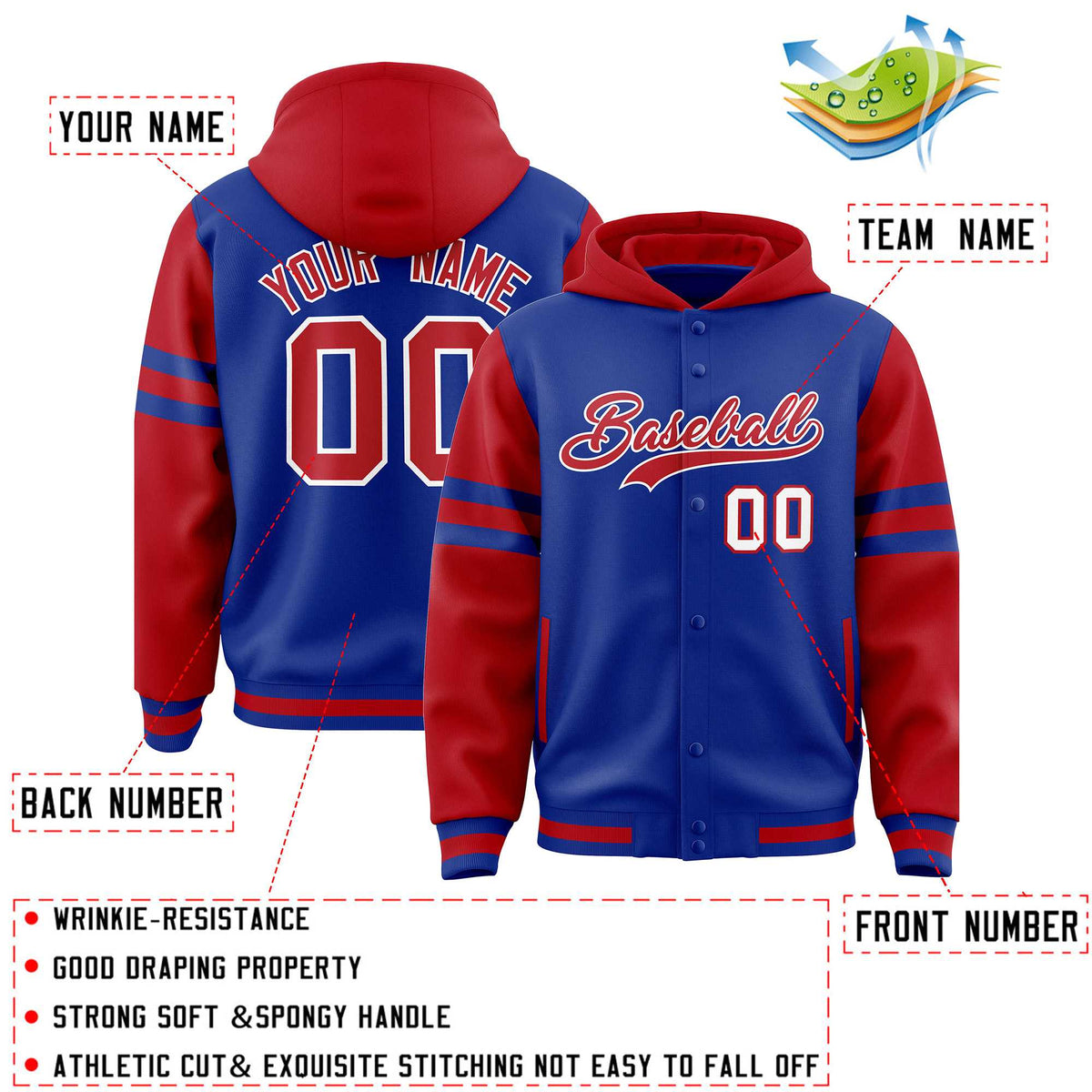 Custom Royal Red Raglan Sleeves Varsity Full-Snap Letterman Three Stripes Jacket Hoodie| KXKSHOP